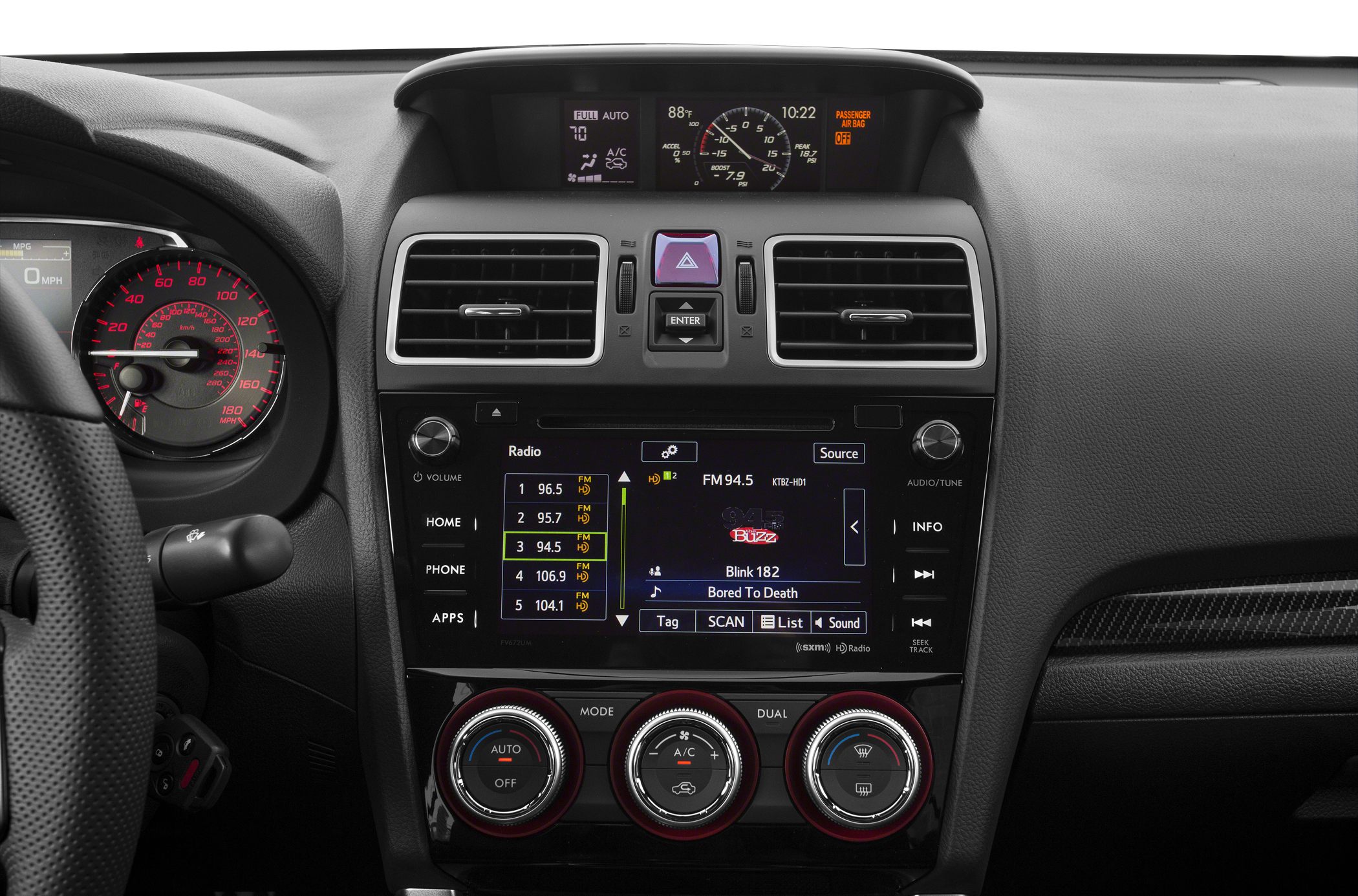 Dashboard with infotainment, climate controls, performance gauges