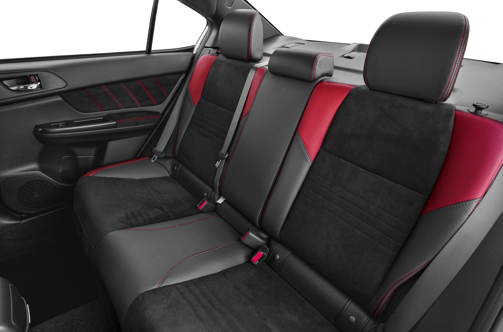 Rear seat with black and red upholstery and red stitching