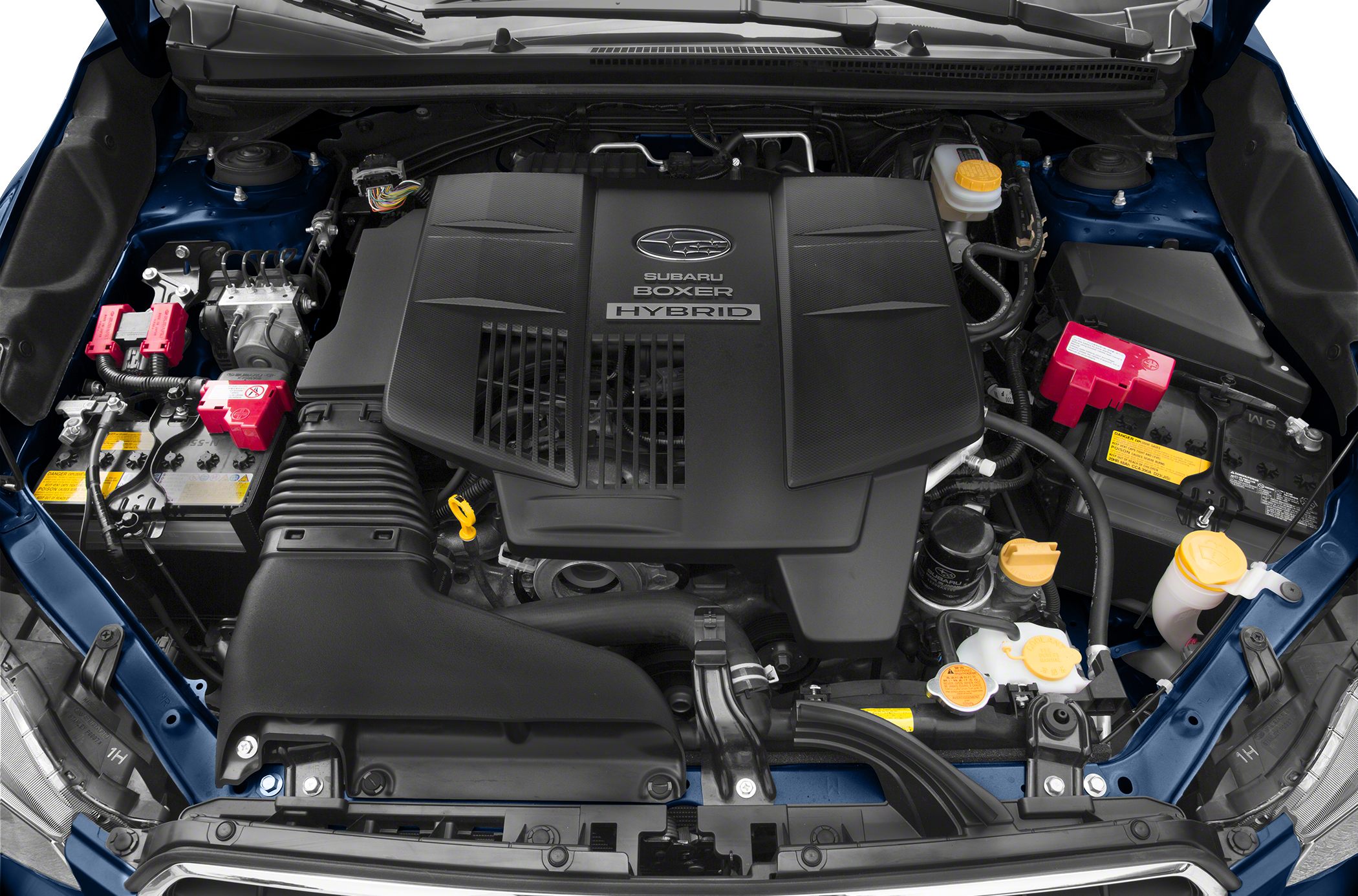 Boxer hybrid engine with labeled components and hybrid powertrain layout