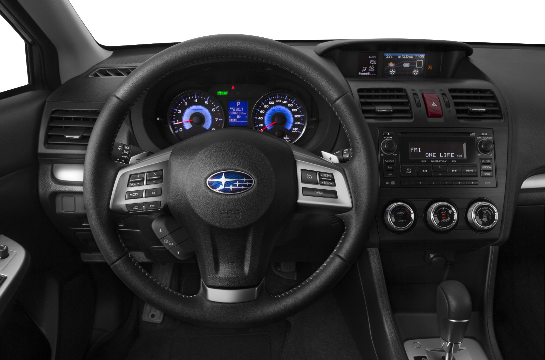 Steering wheel and dashboard with instrument cluster and climate controls
