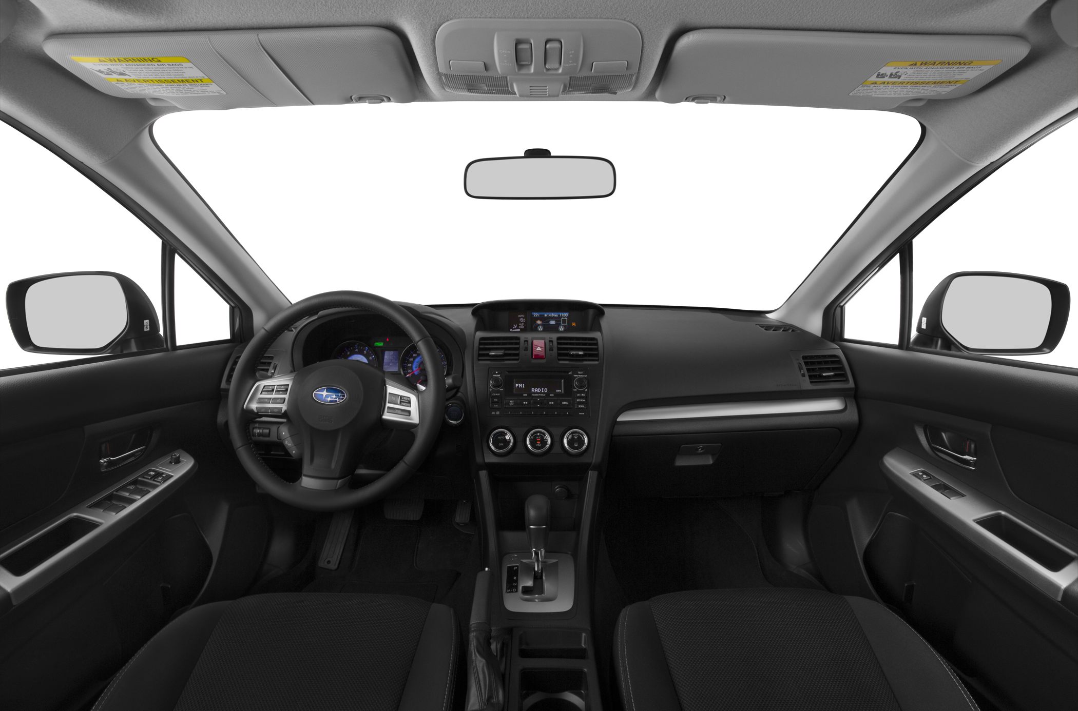 Dashboard, steering wheel with controls, center console, and front cabin trim