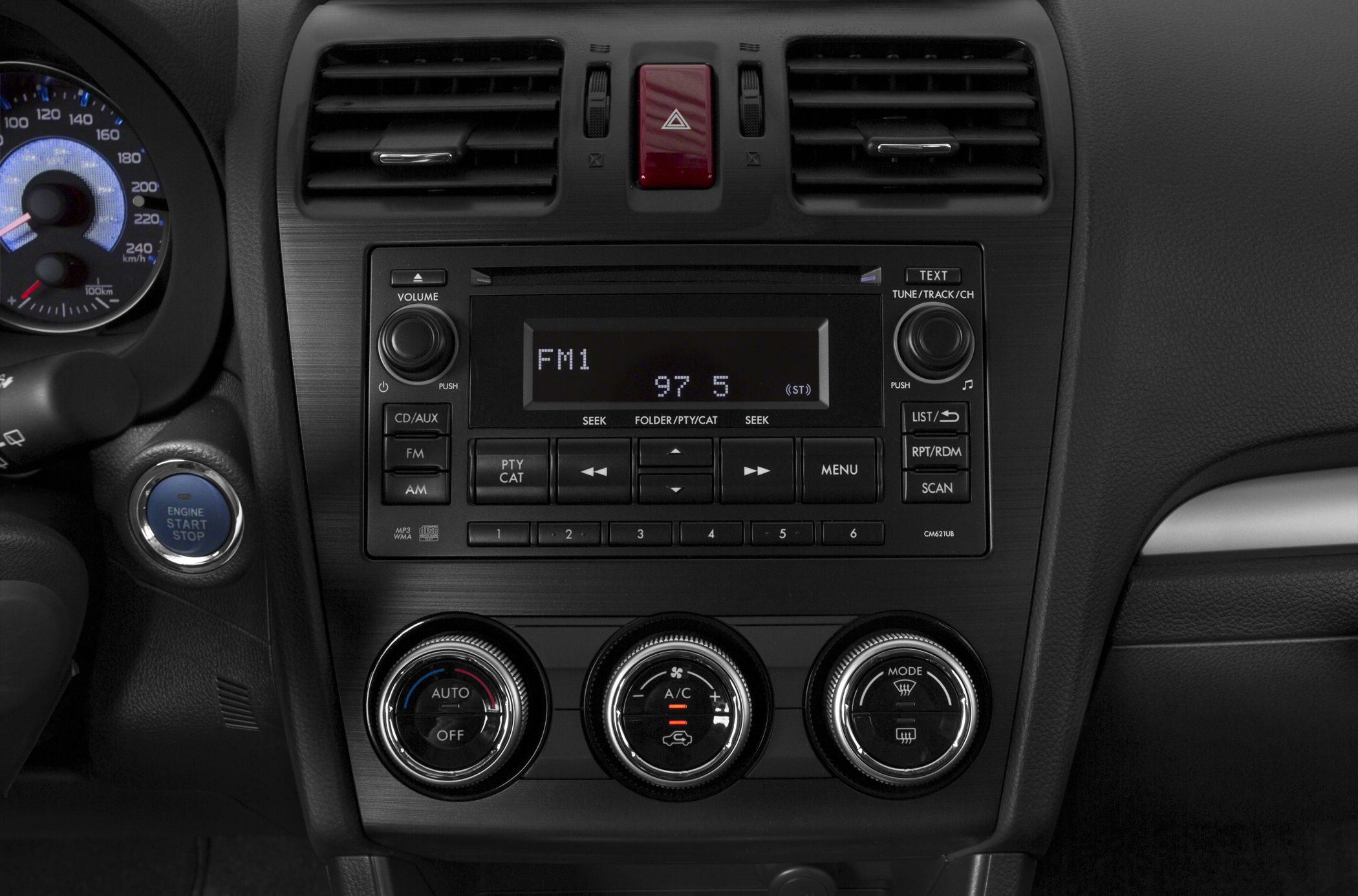 Dashboard radio and climate controls with engine start button