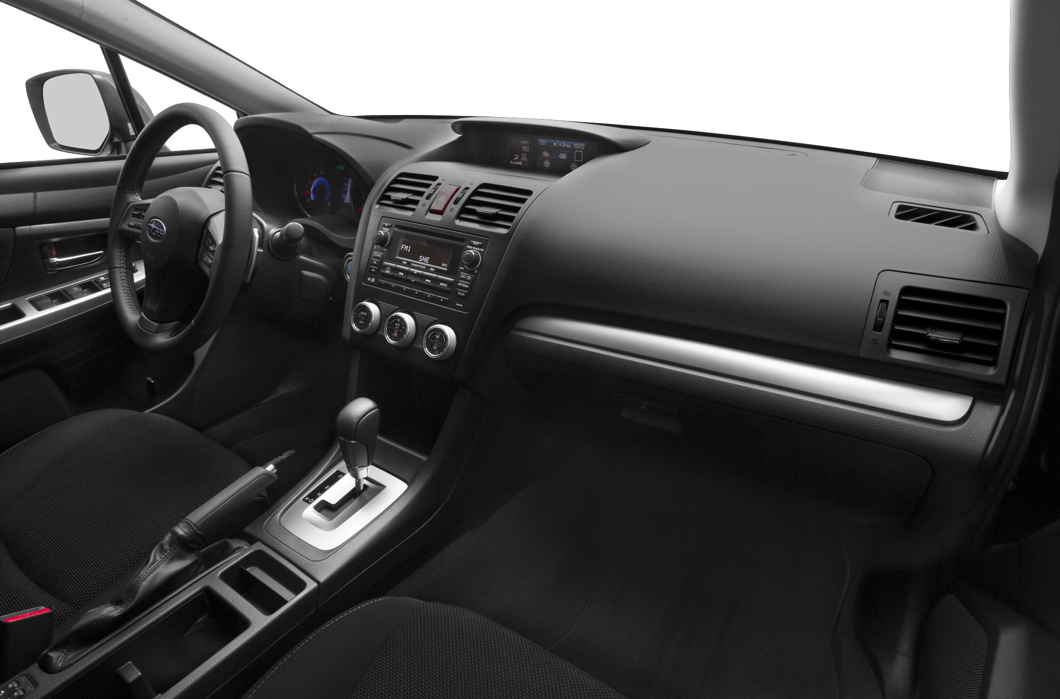 Car interior with dashboard, steering wheel, and automatic gear shift
