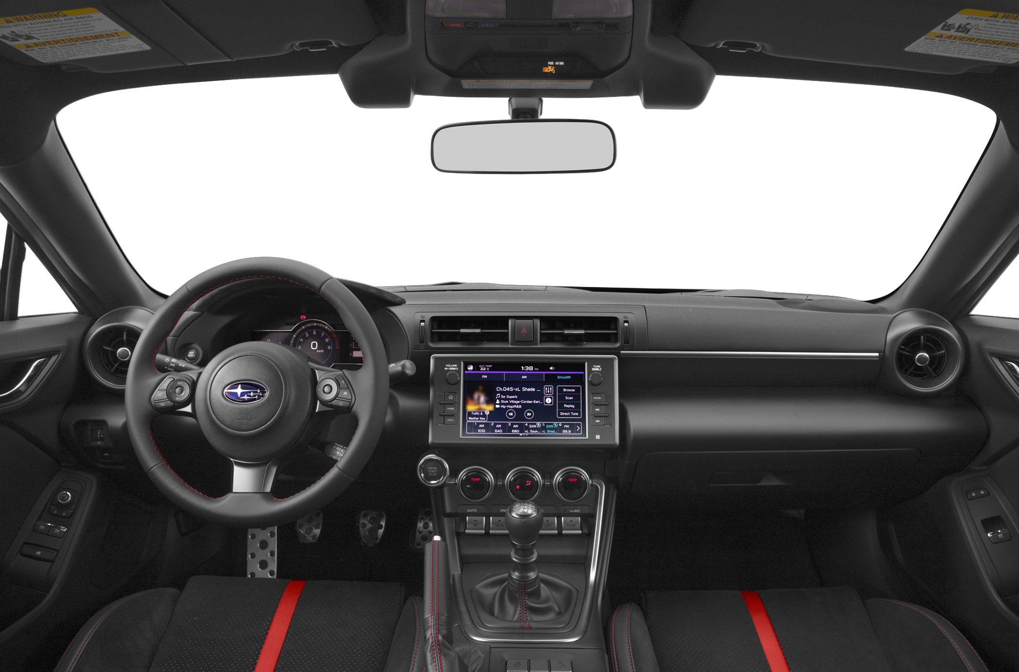 Interior dashboard with digital display and manual gear shifter