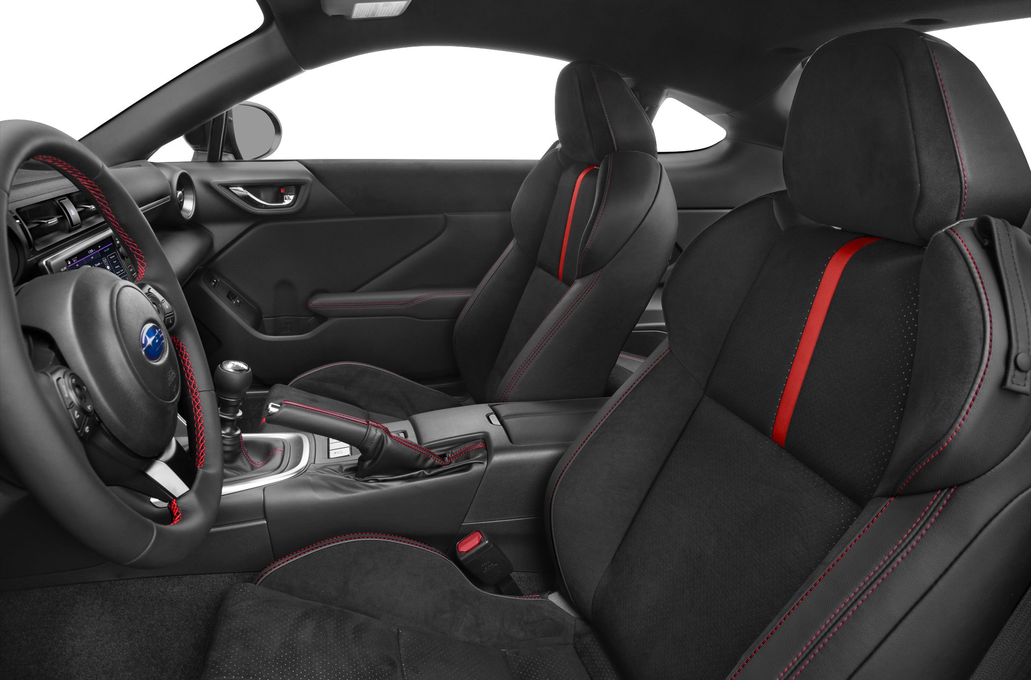 Black and red sporty car interior with contrast stitching and ergonomic seats