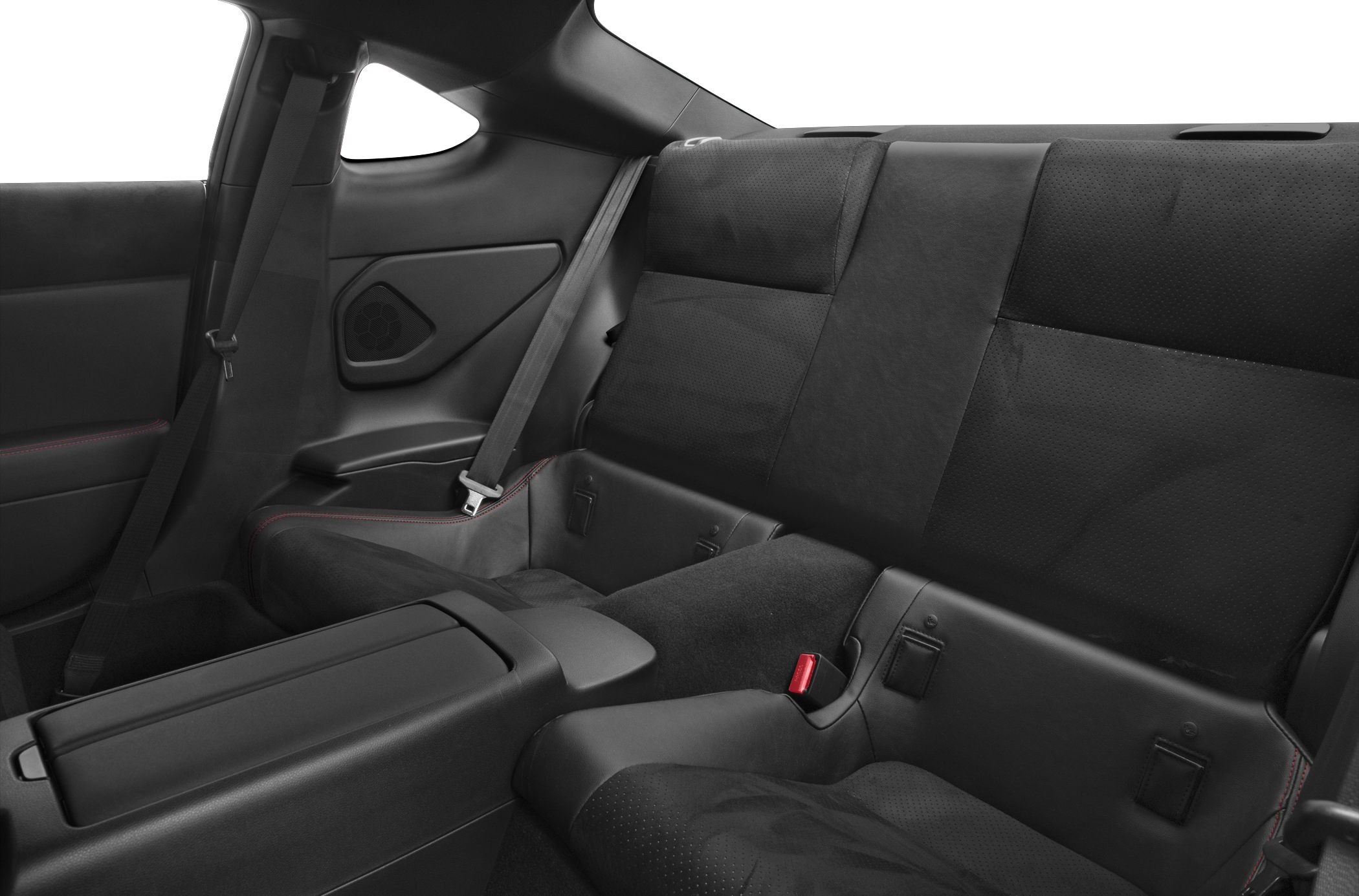 Rear seat interior with upholstery and seat belts