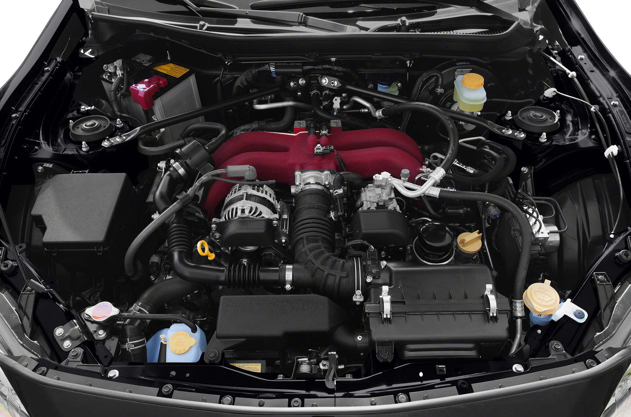 Engine bay featuring red intake manifold and organized layout