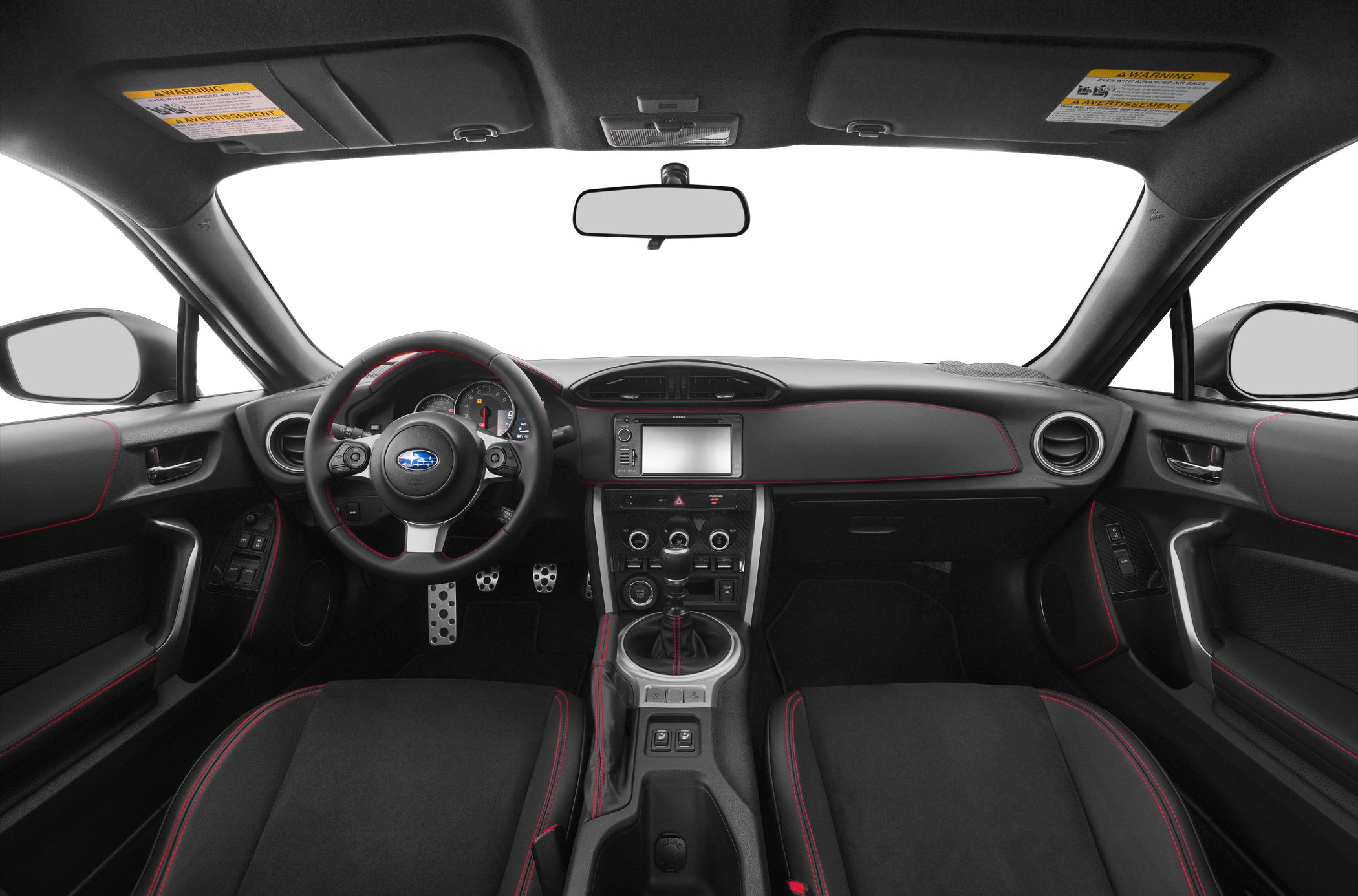 Dashboard, steering wheel, gear shift, red-stitched upholstery interior