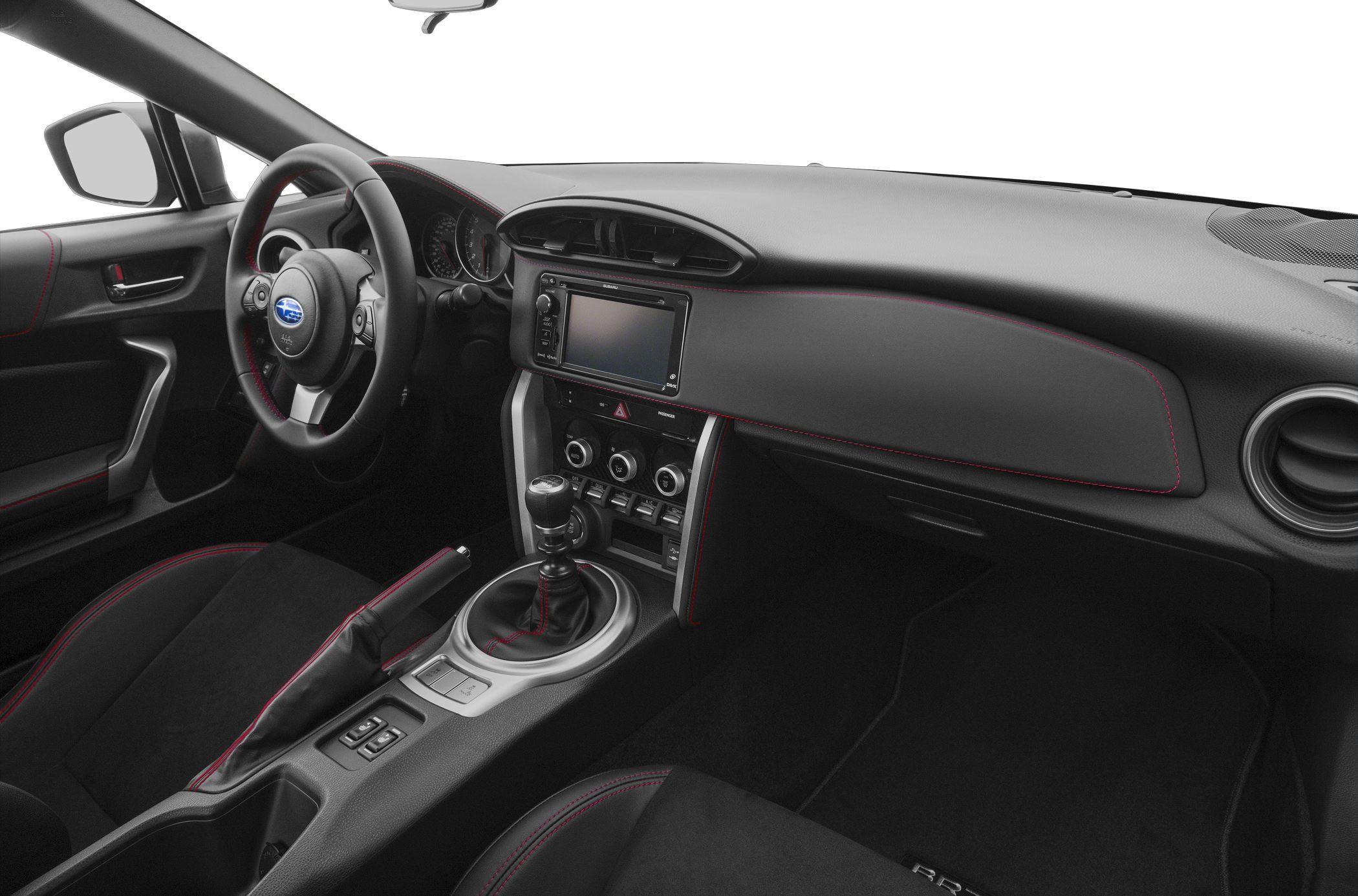 Sporty car interior with manual gear shift and modern dashboard