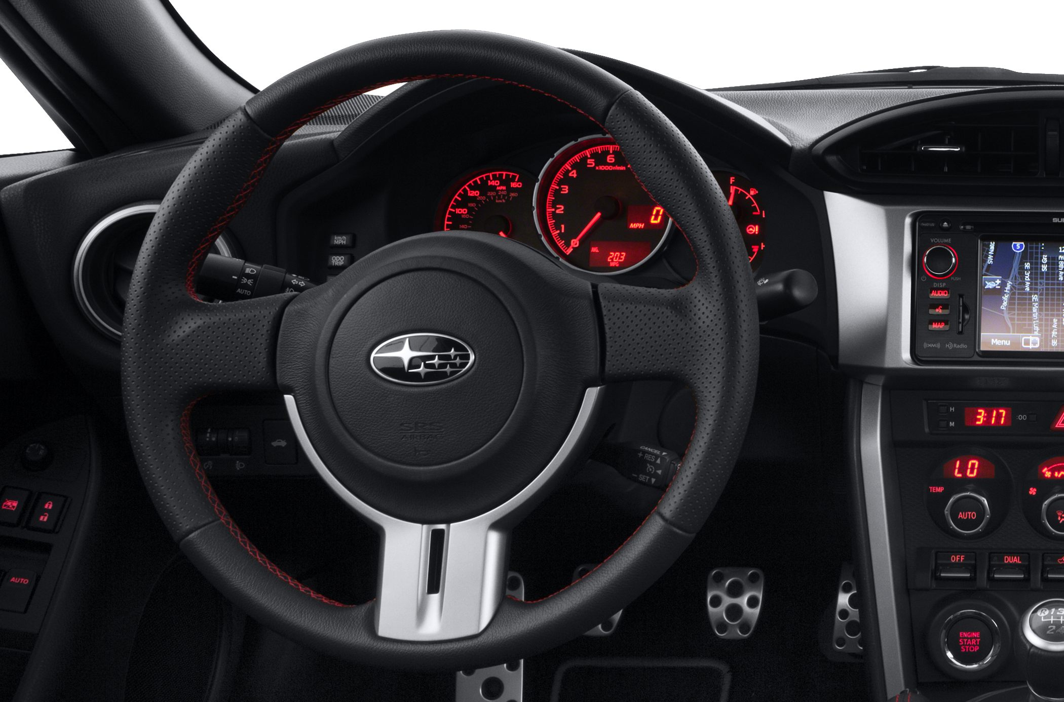 Steering wheel, illuminated instrument cluster, and dashboard controls