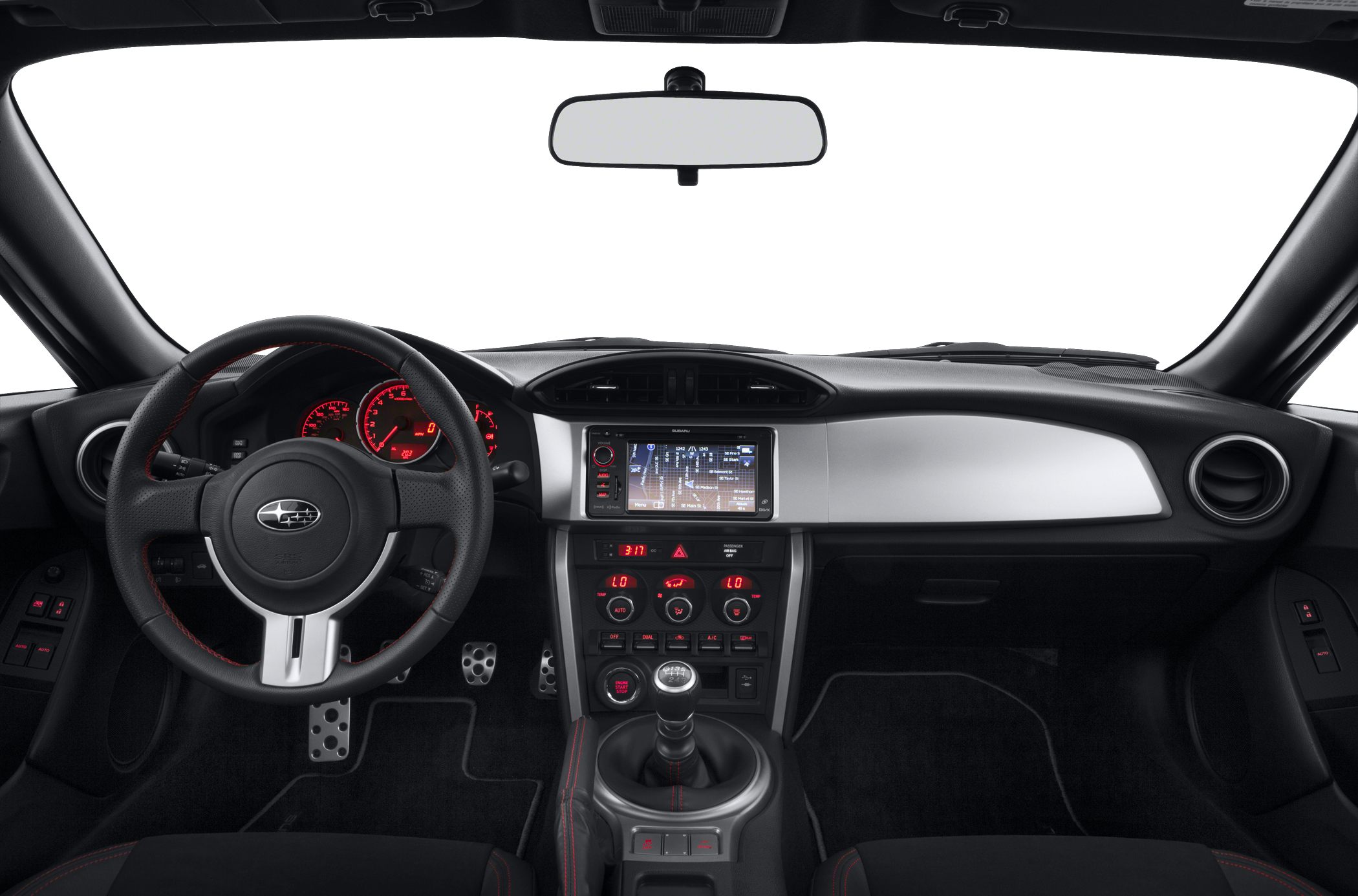 Dashboard, steering wheel, and manual gear shift interior layout