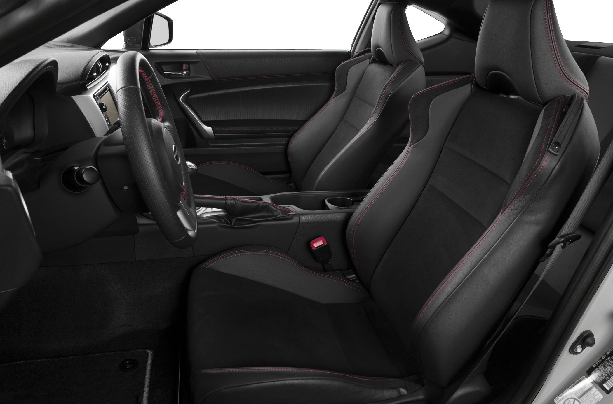 Sport seats with red stitching and a detailed steering wheel