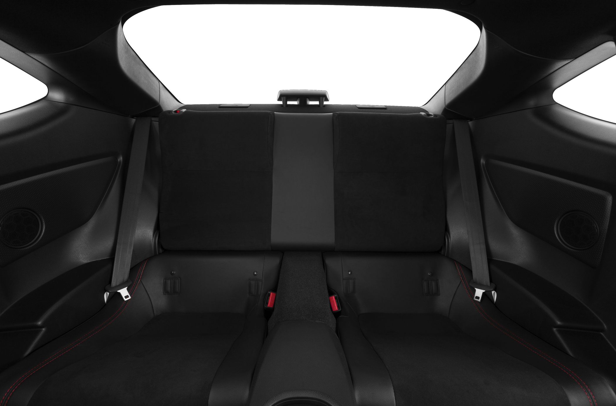 Rear seats with black upholstery, red stitching, seat belts, and center console.
