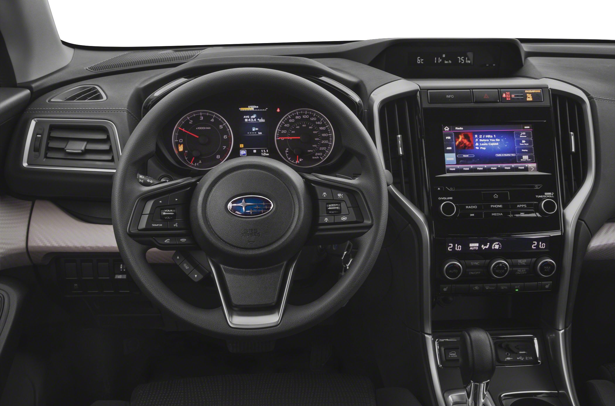 Dashboard, steering wheel, infotainment, and climate controls