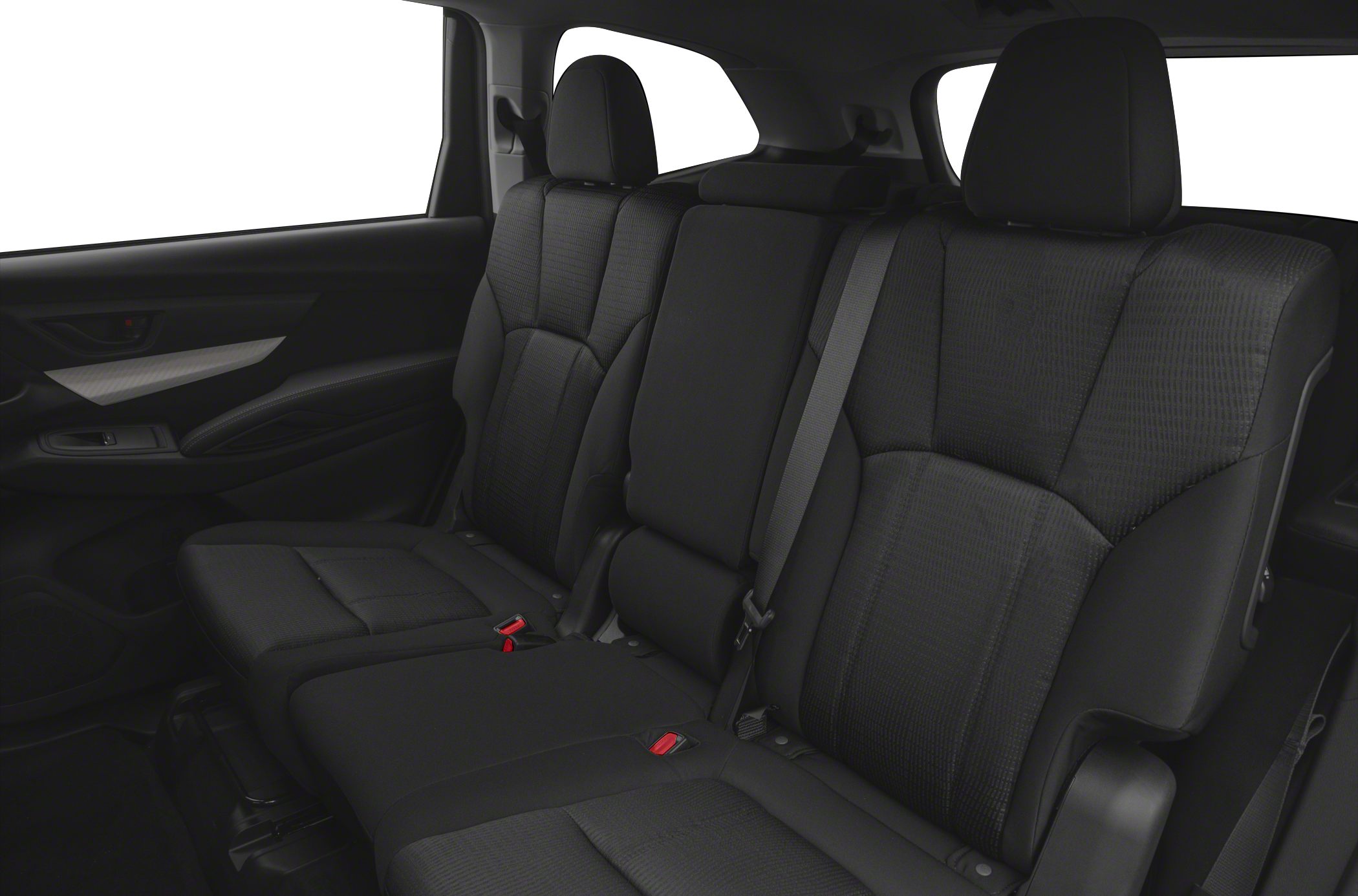 Black upholstered rear seating with integrated headrests and seat belts