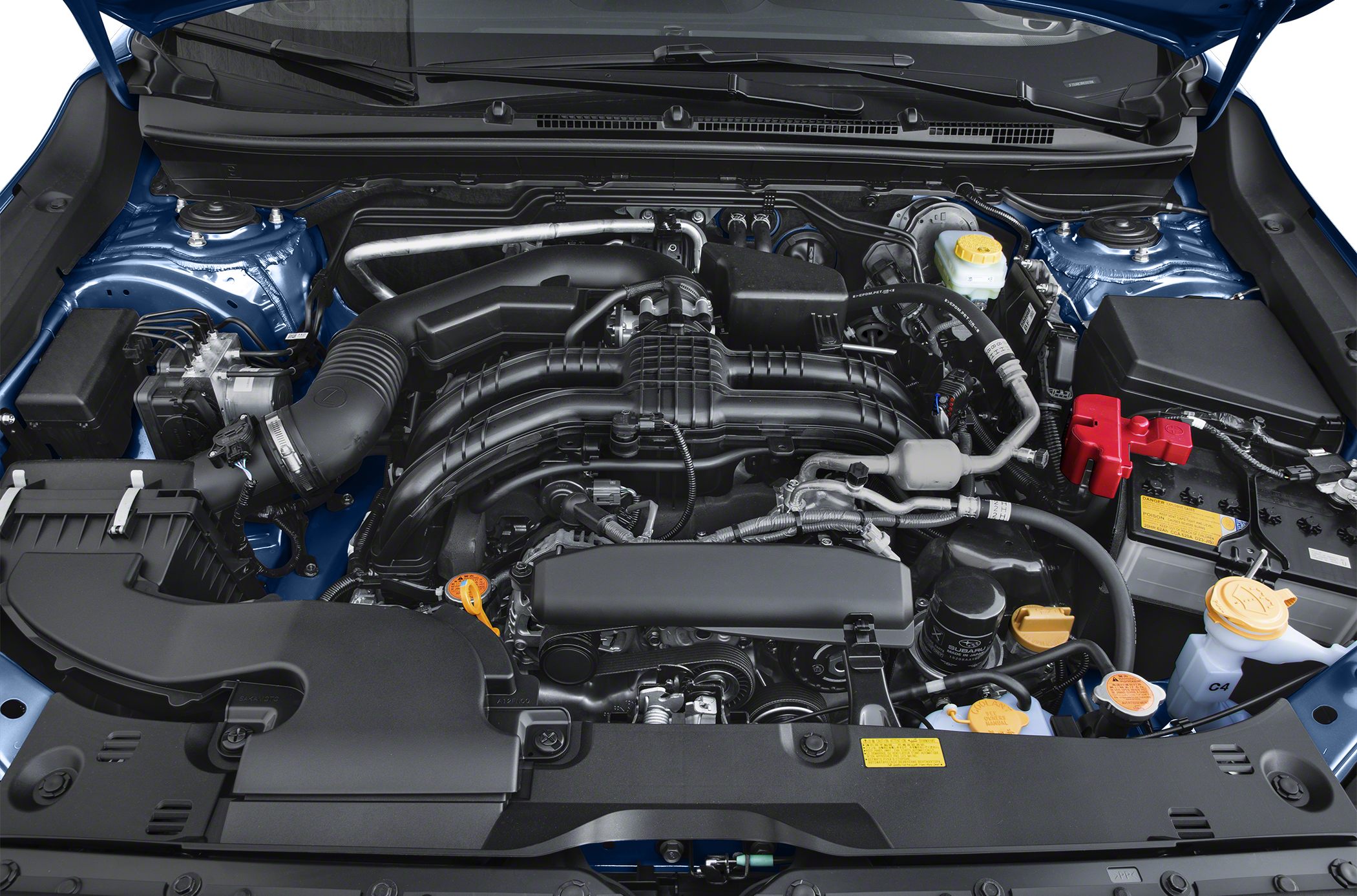 Detailed engine bay with air intake, battery, and fluid reservoirs