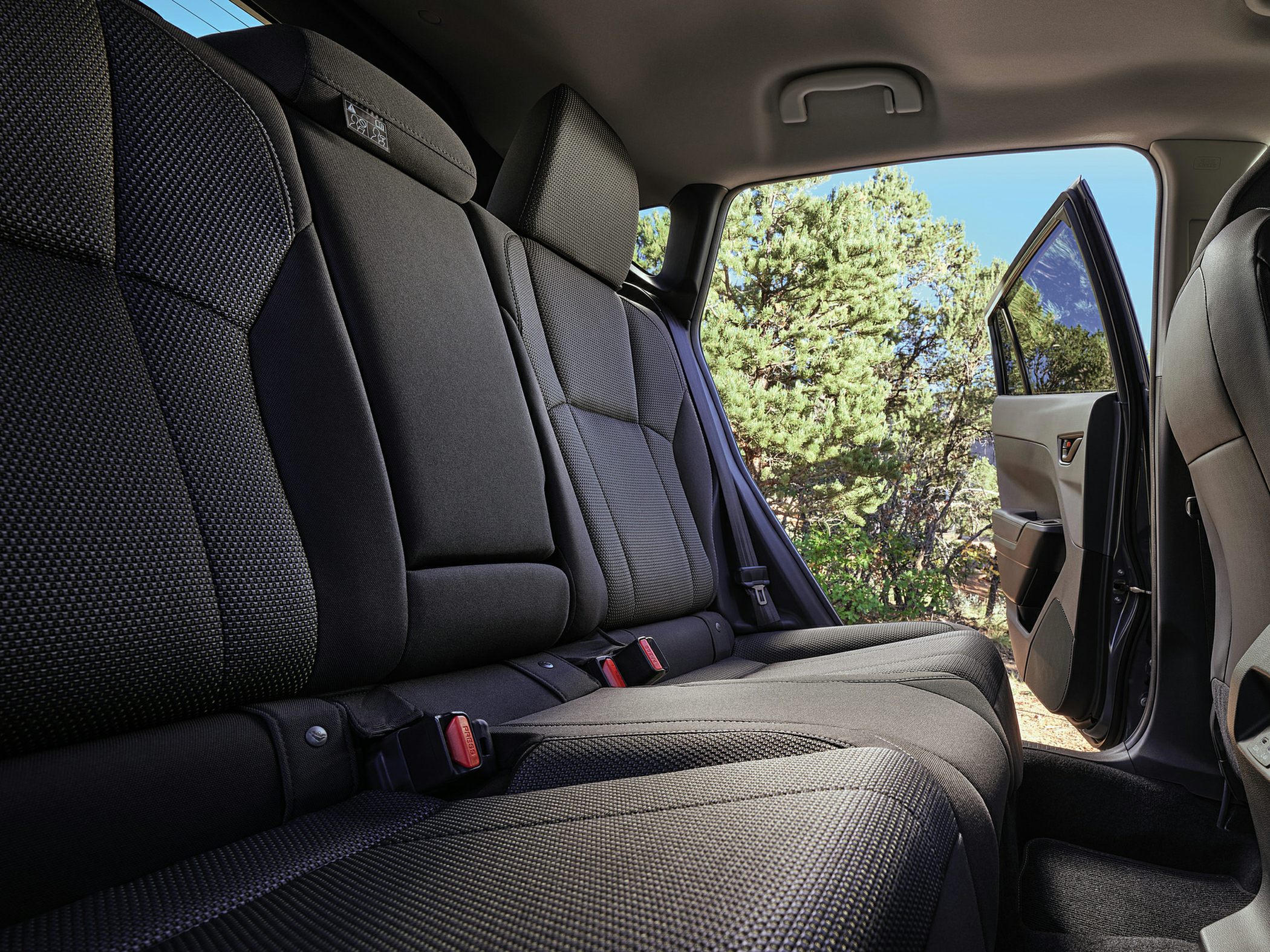 Spacious rear seat with ergonomic fabric upholstery and visible seat belts.