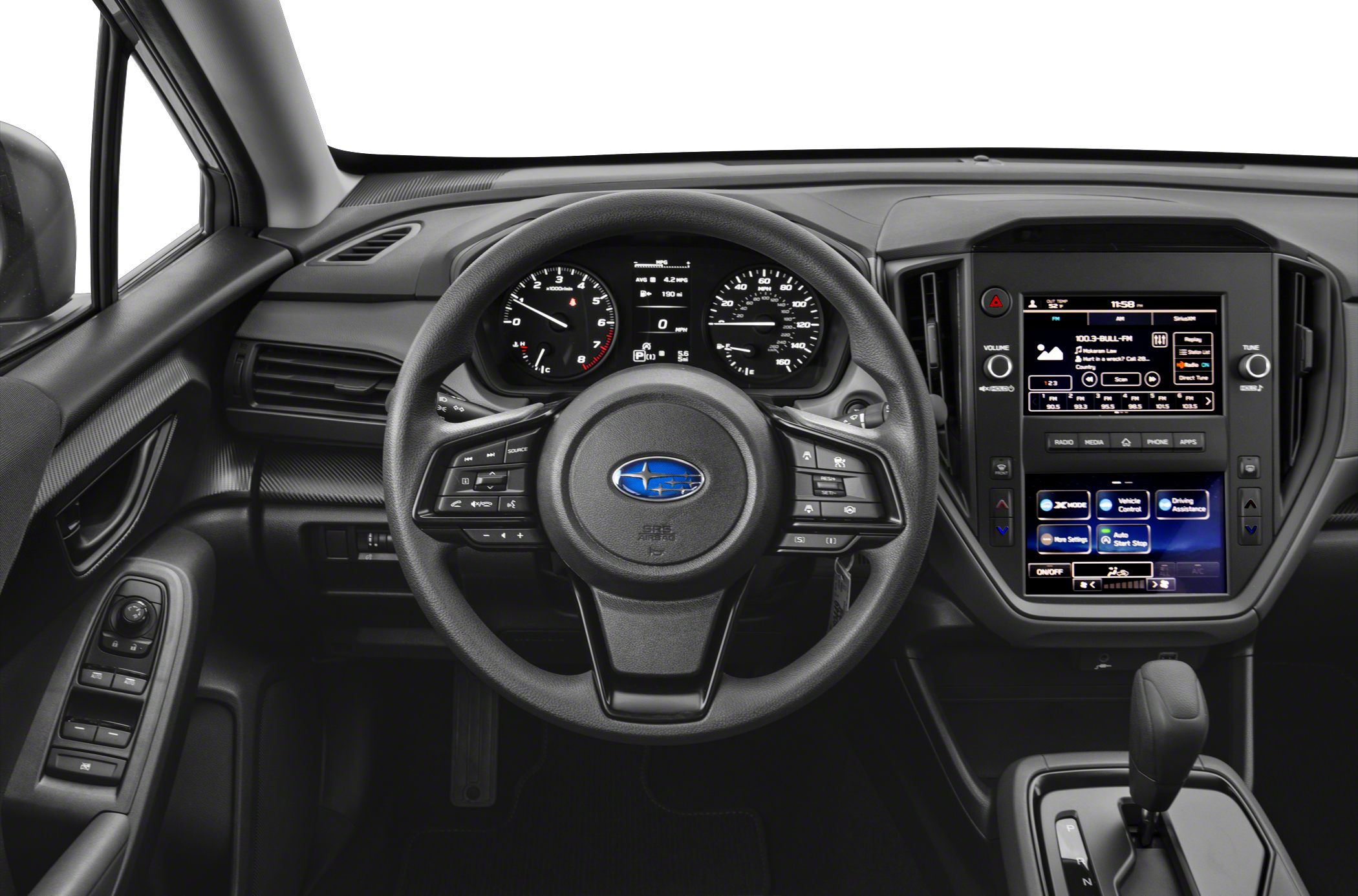 Multifunction steering wheel, digital dashboard, and touchscreen infotainment system.