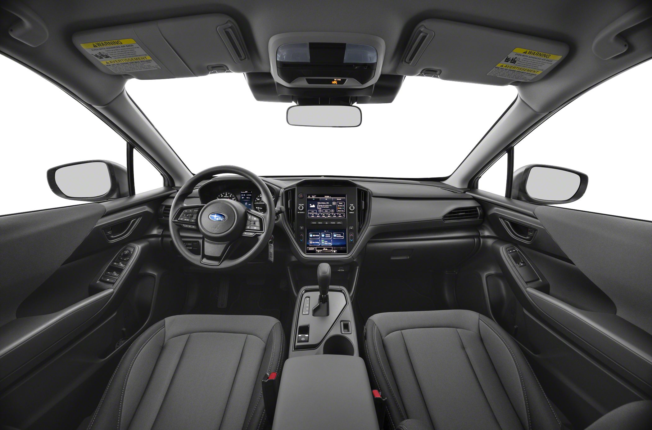 Modern car interior with touchscreen and multifunction steering wheel