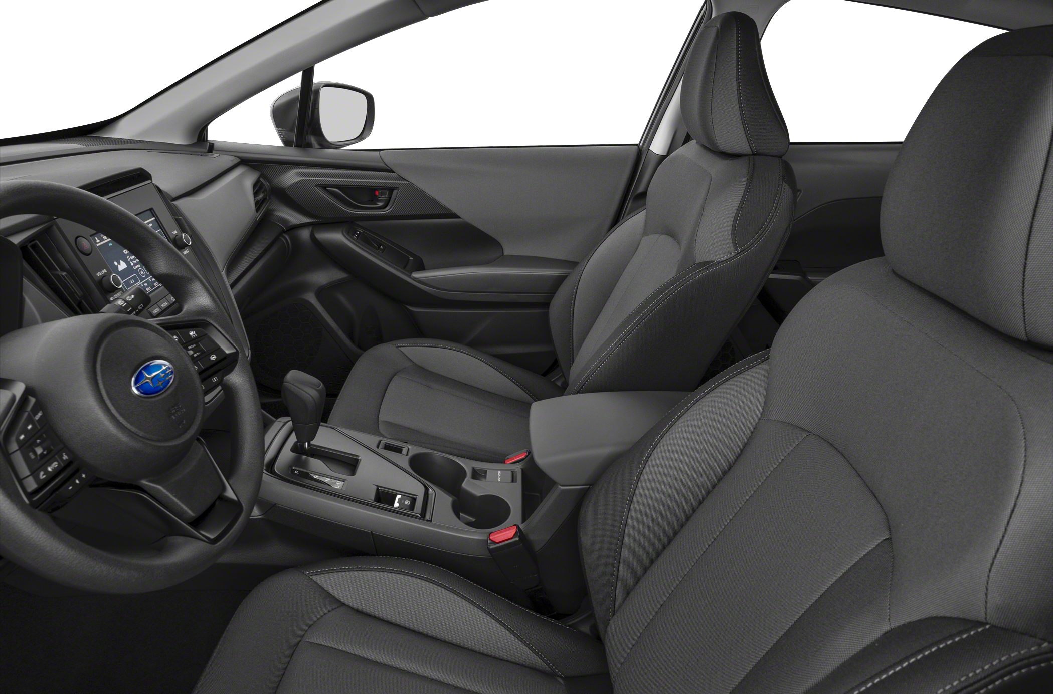 Front fabric seats, steering wheel, dashboard and center console of a modern car interior