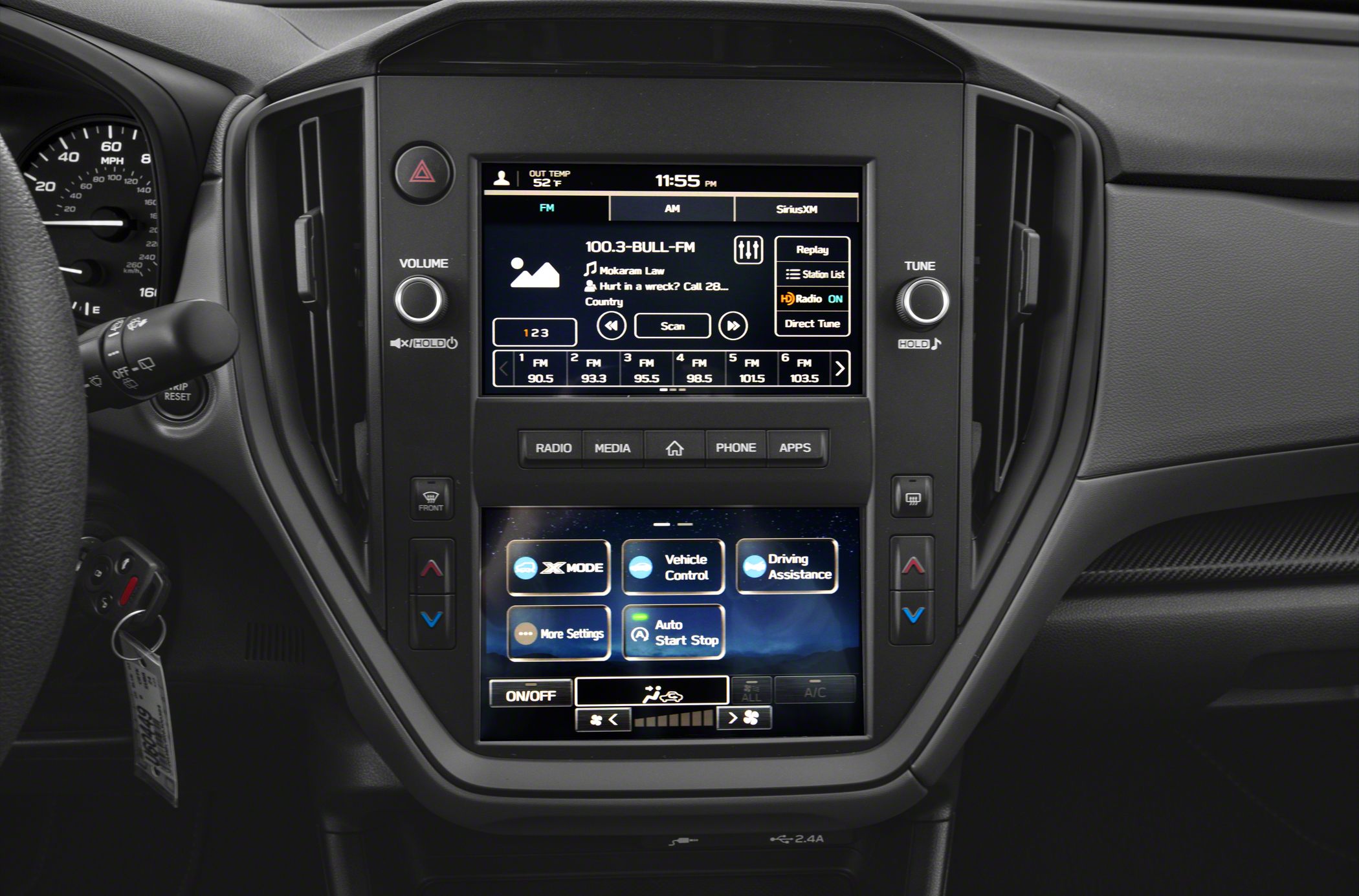 Dual touchscreen infotainment with media, vehicle control, and climate features