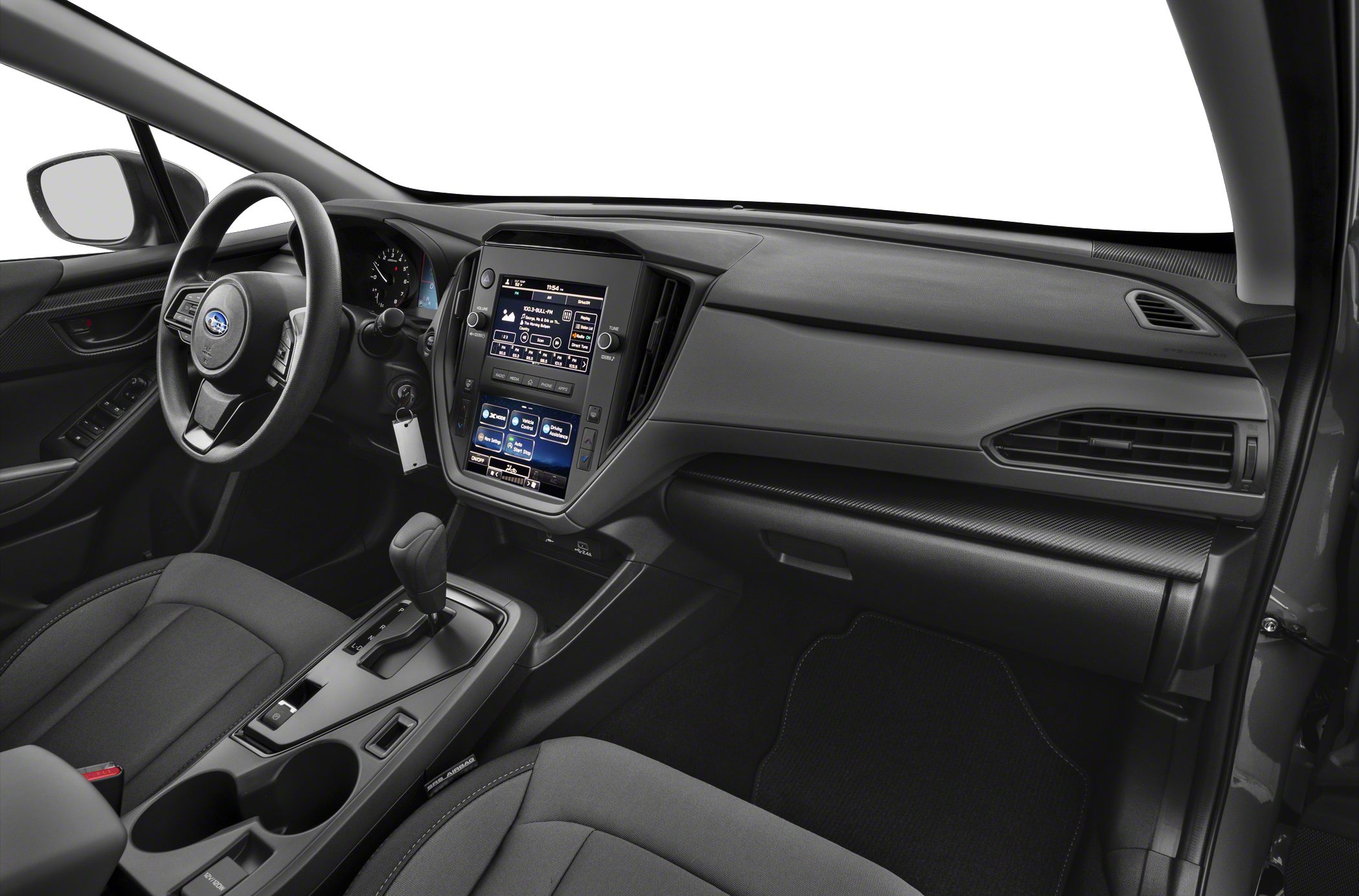 Dual touchscreen infotainment and sleek dashboard interior design.