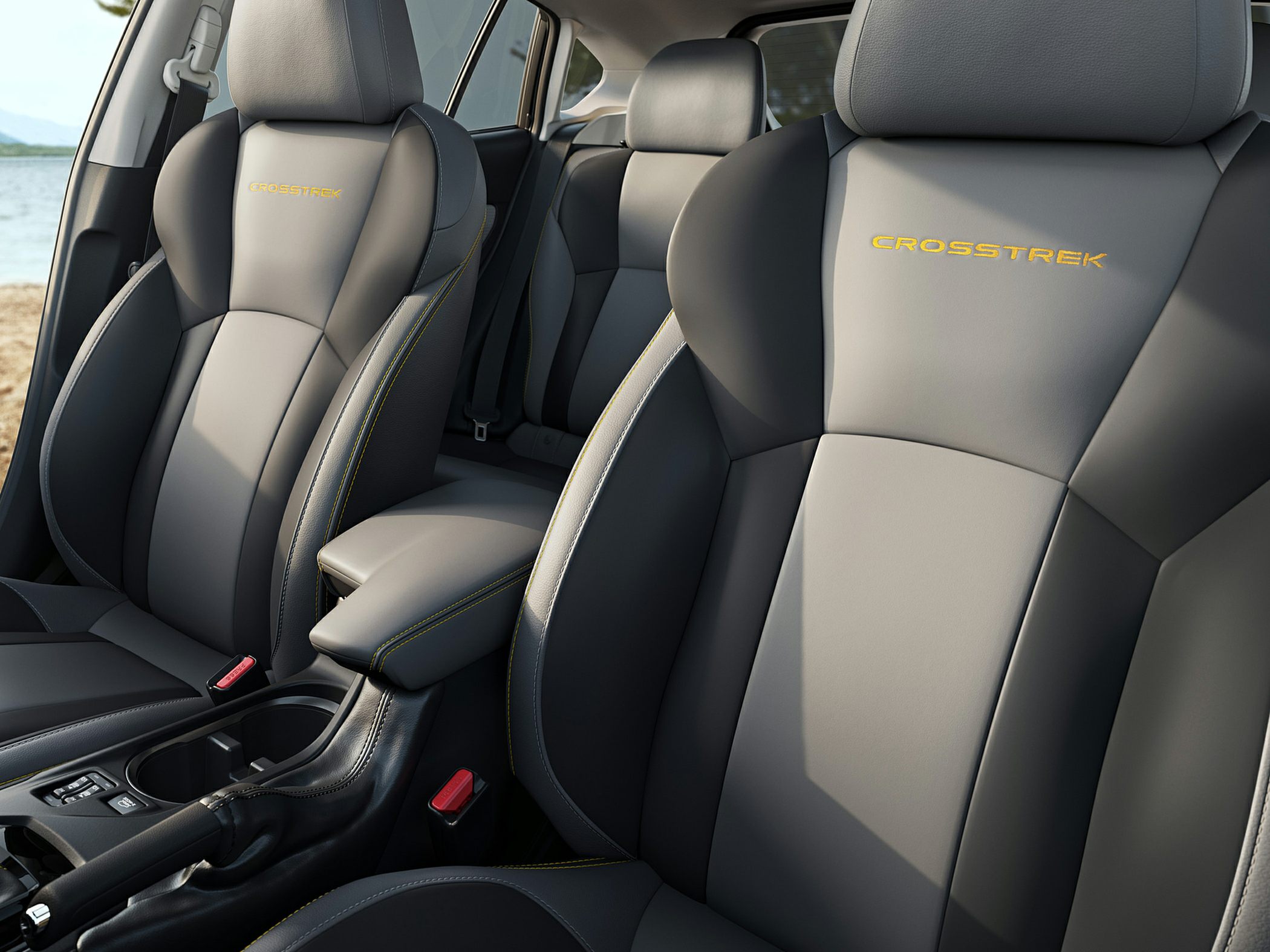 Leather seats with yellow stitching and Crosstrek embroidery