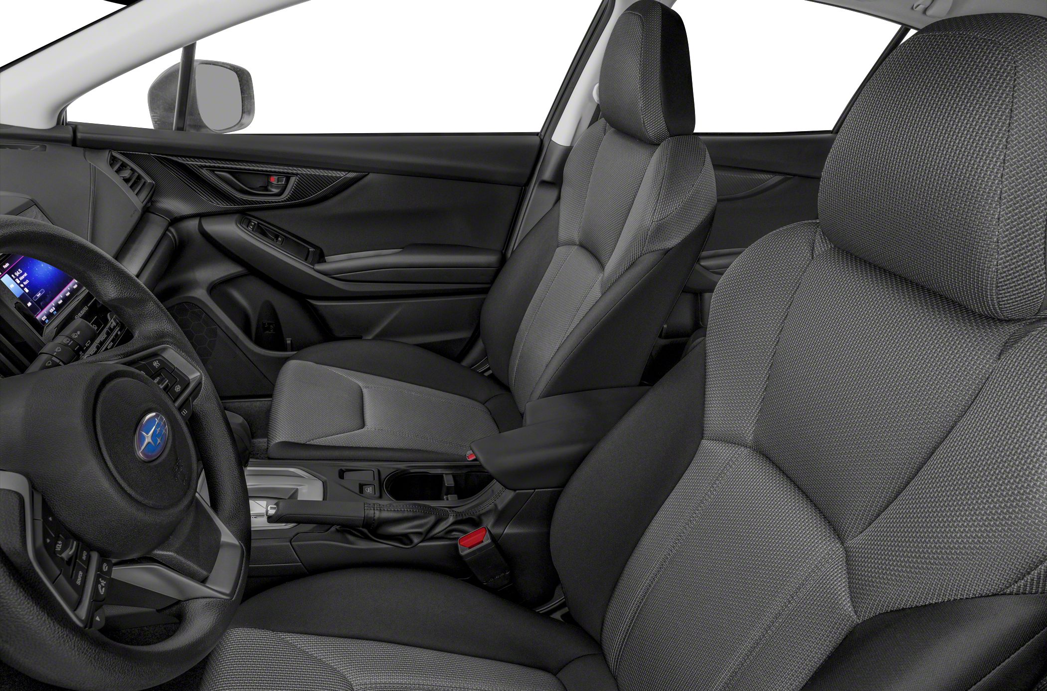 Modern front seats and steering wheel with touchscreen and controls