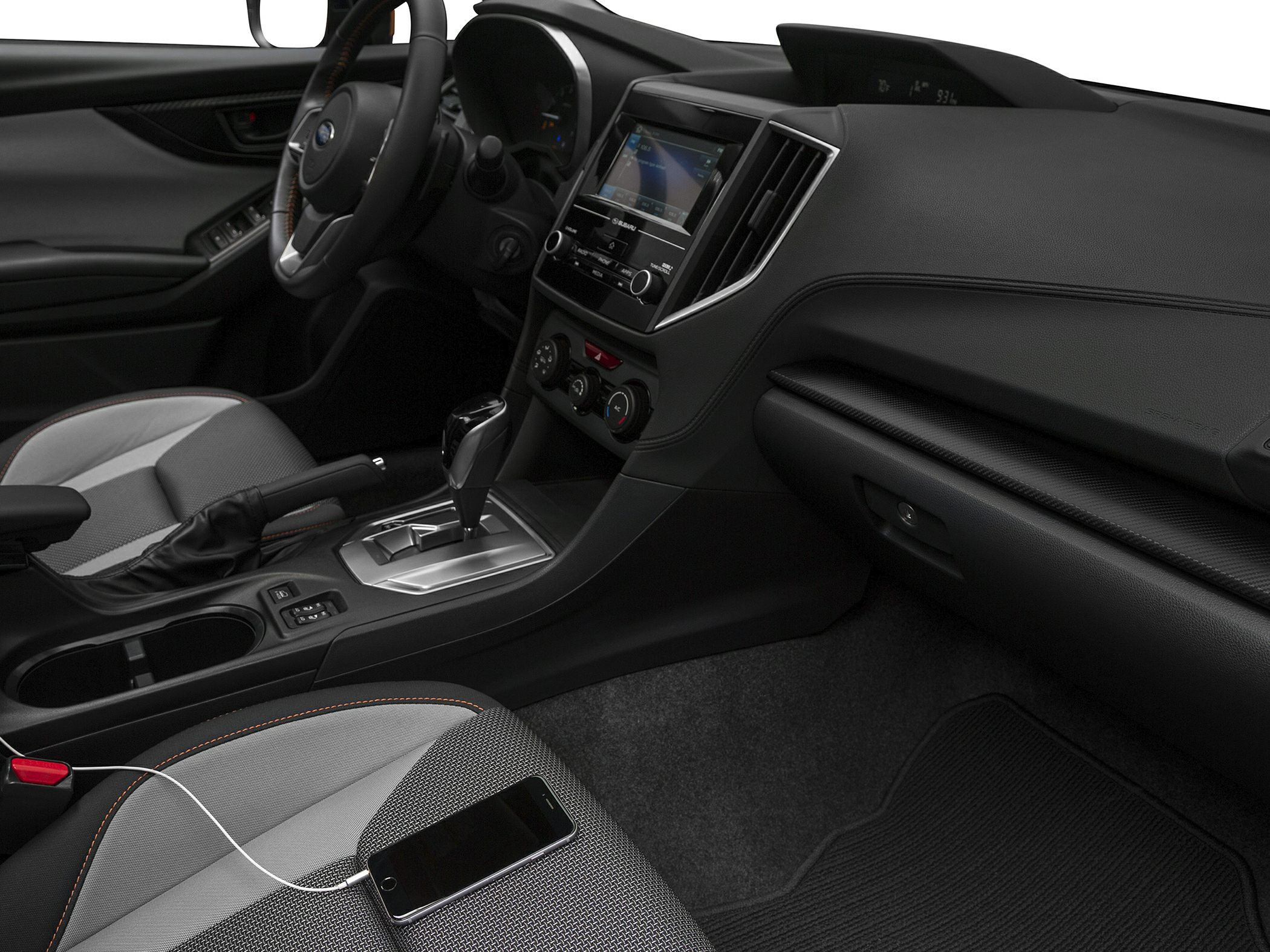 Dashboard, center console, and front seats interior details