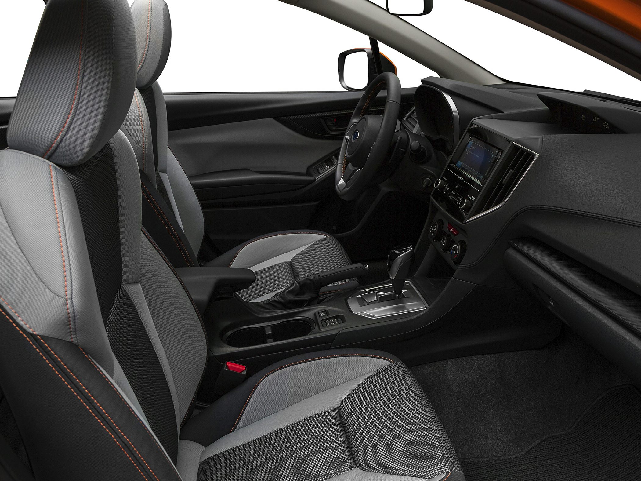 Dual-tone fabric seats with orange stitching and dashboard with infotainment system