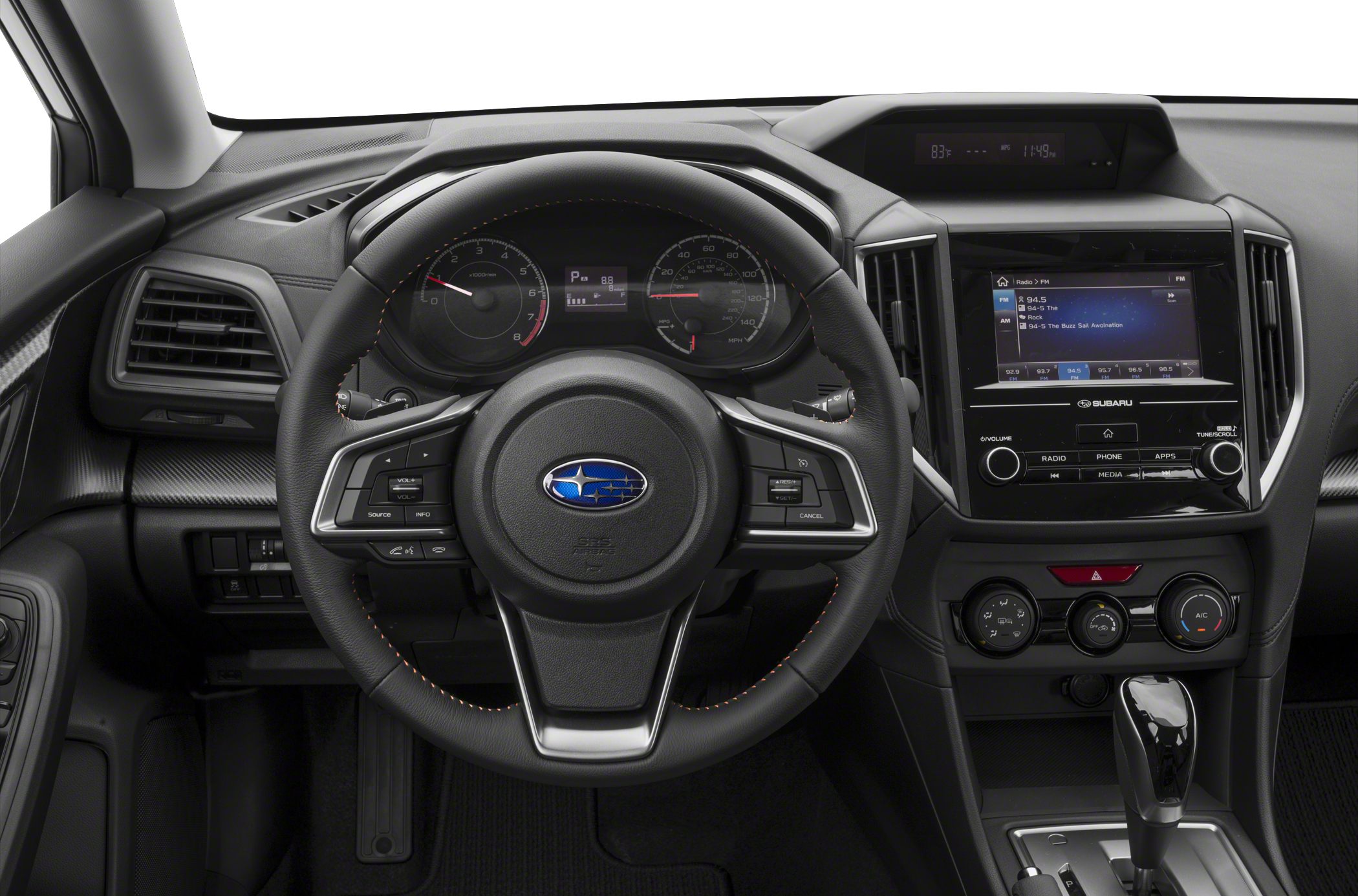 Steering wheel, instrument cluster, and infotainment display in car interior