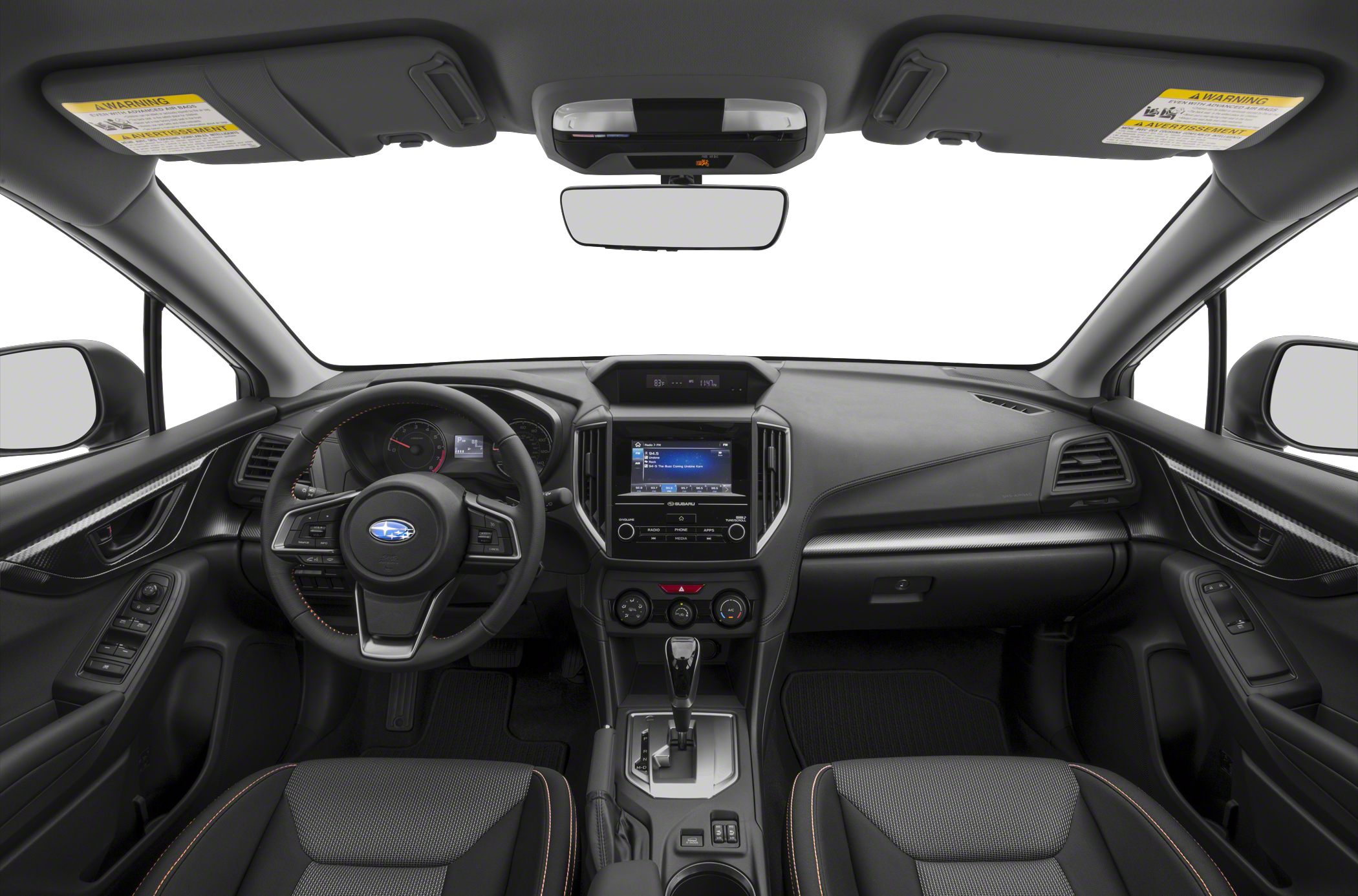 Modern car interior with dashboard, touchscreen, and steering wheel