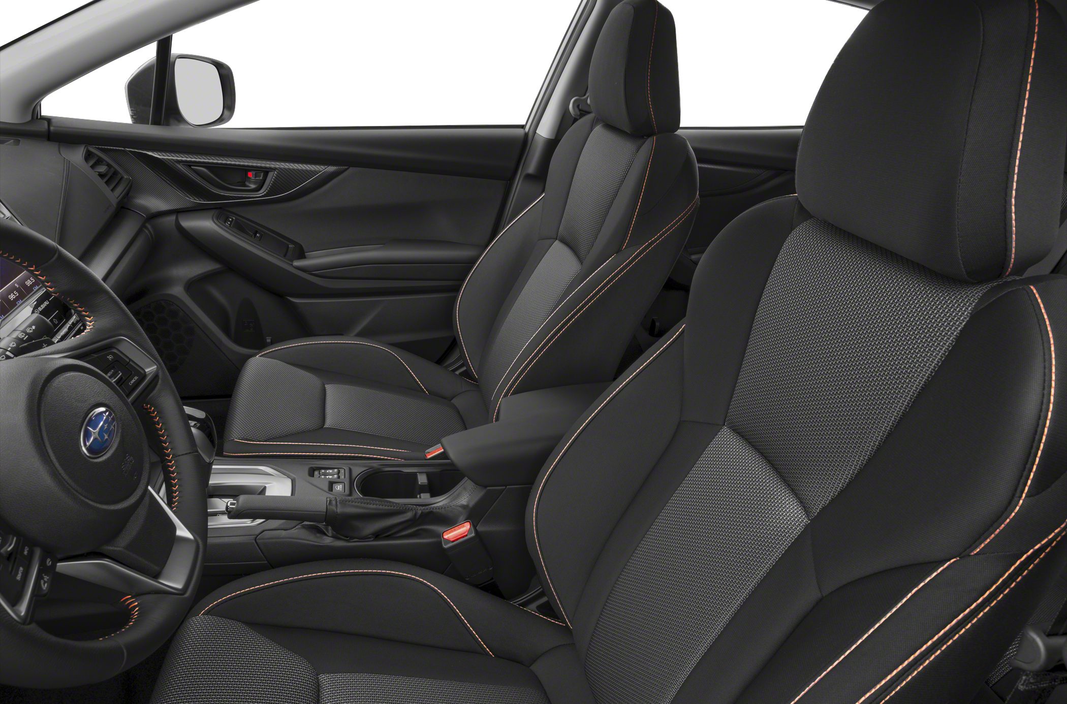 Front seats and interior design with sporty stitching and center console.