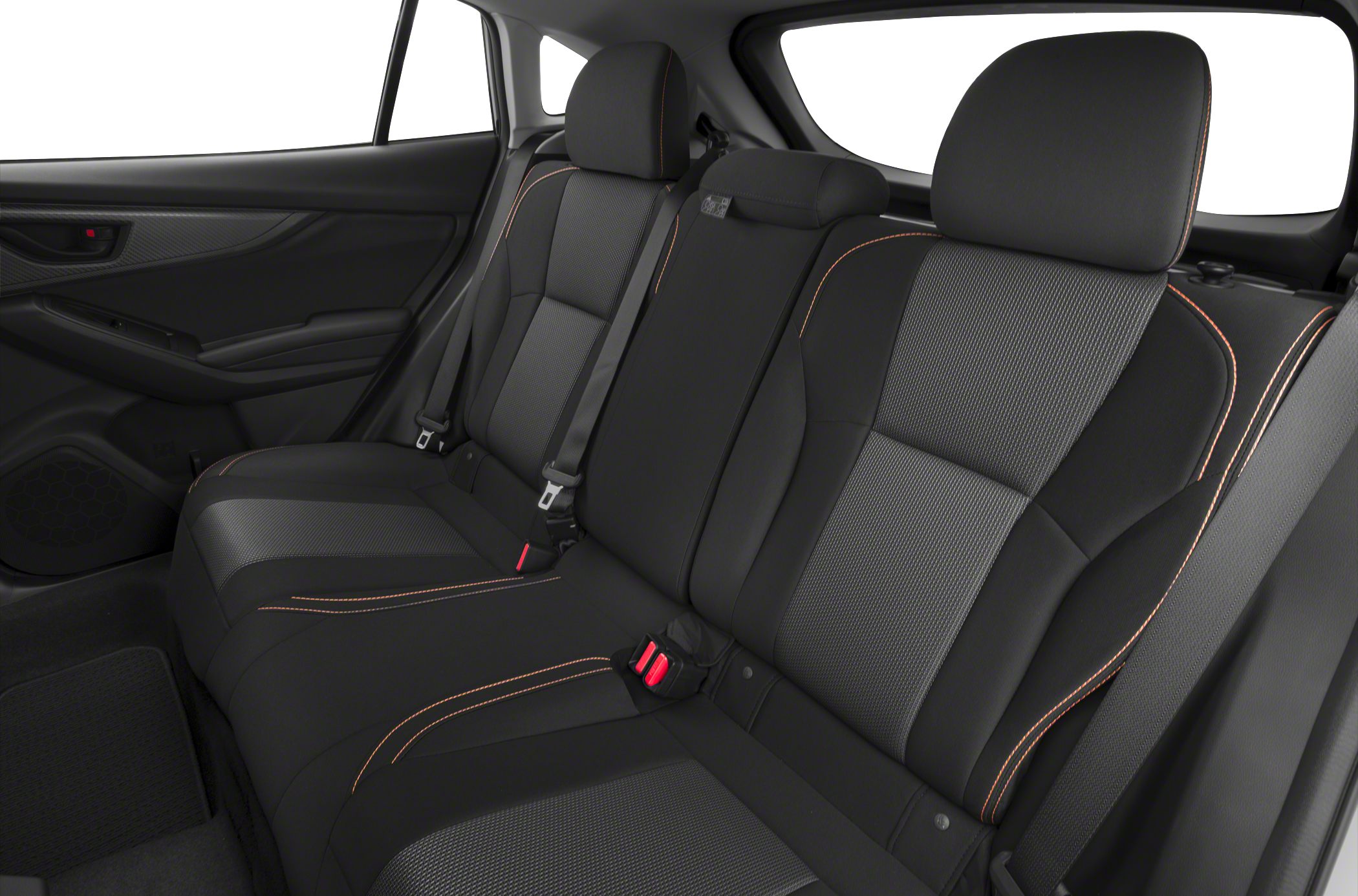 Rear seat with black fabric upholstery and orange contrast stitching