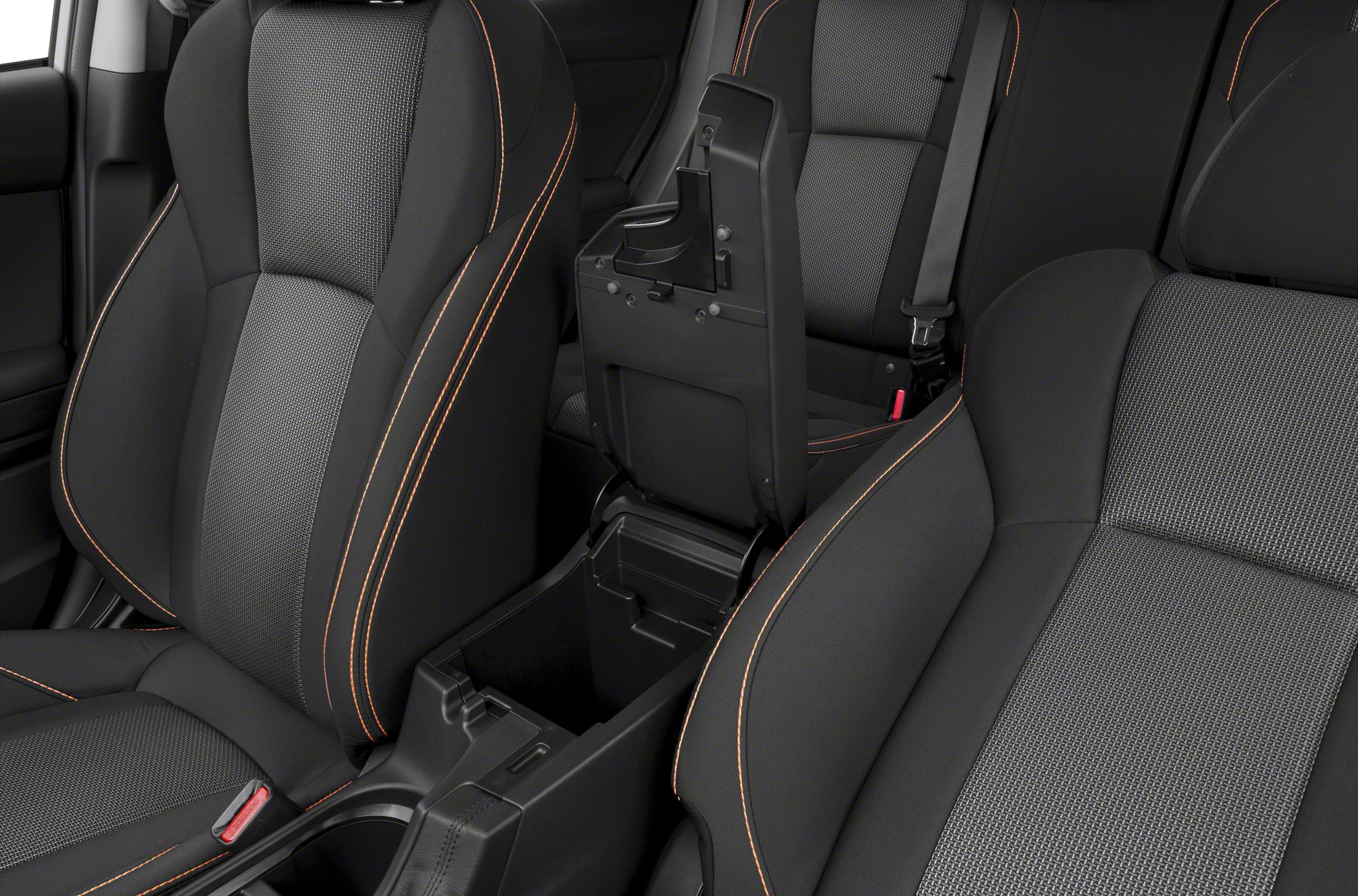 Front seats with orange contrast stitching and open center console storage