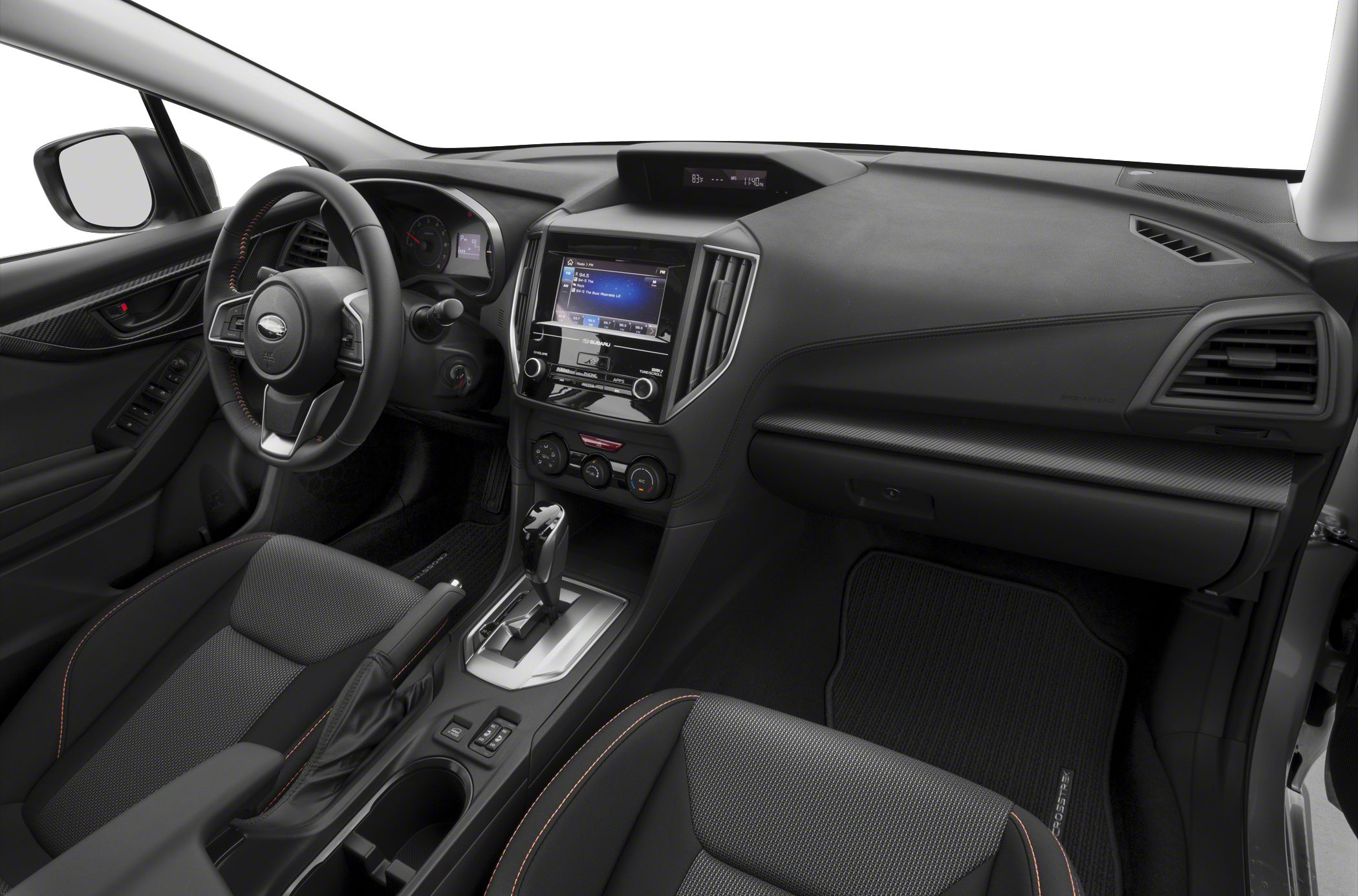 Modern car interior with dashboard, center console, and seating