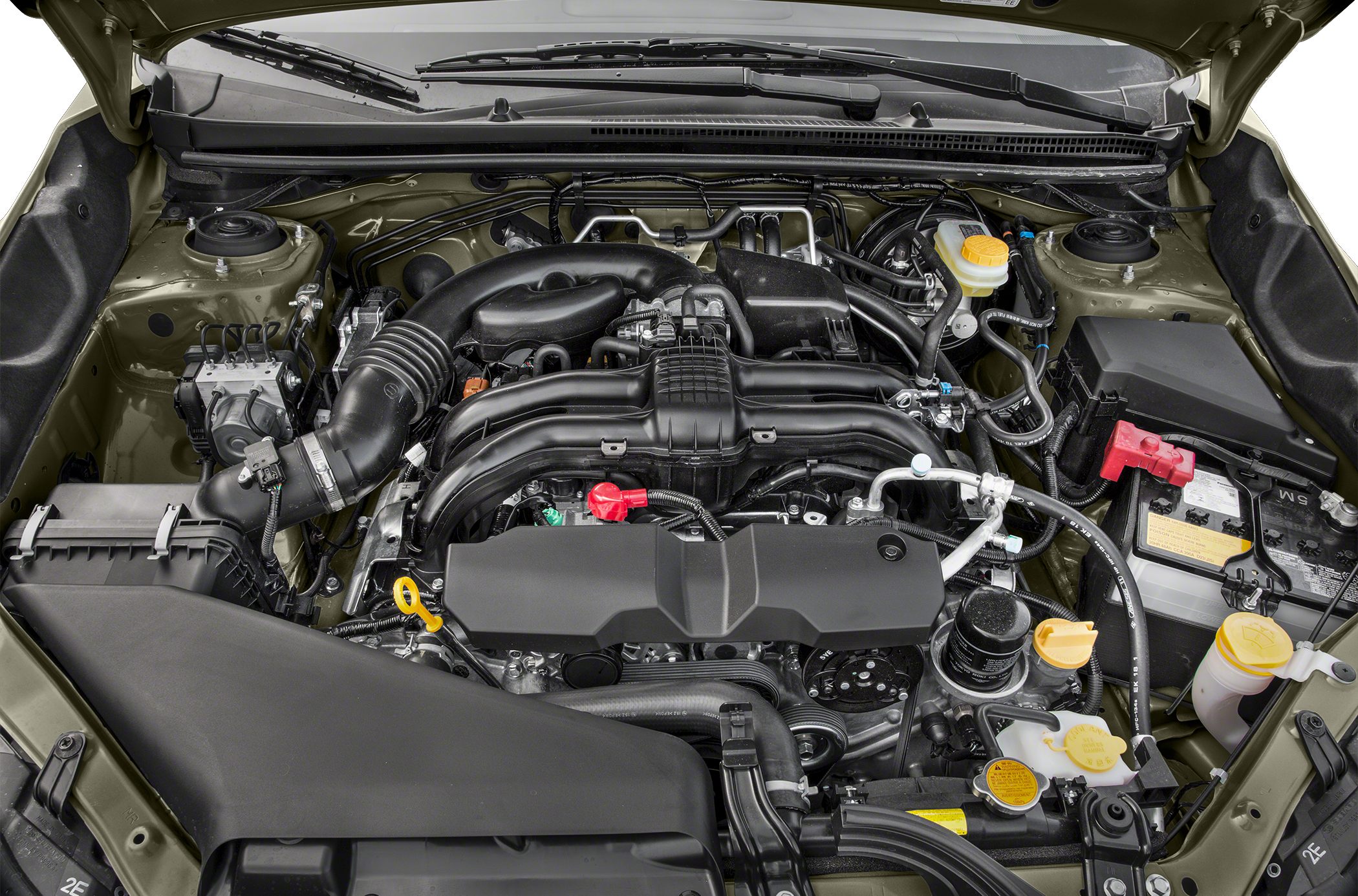 Compact SUV engine bay with visible components and fluid reservoirs