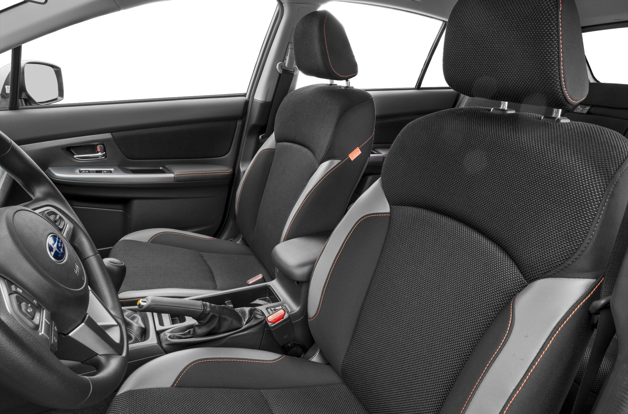 Black and gray fabric SUV seats with orange stitching and ergonomic design