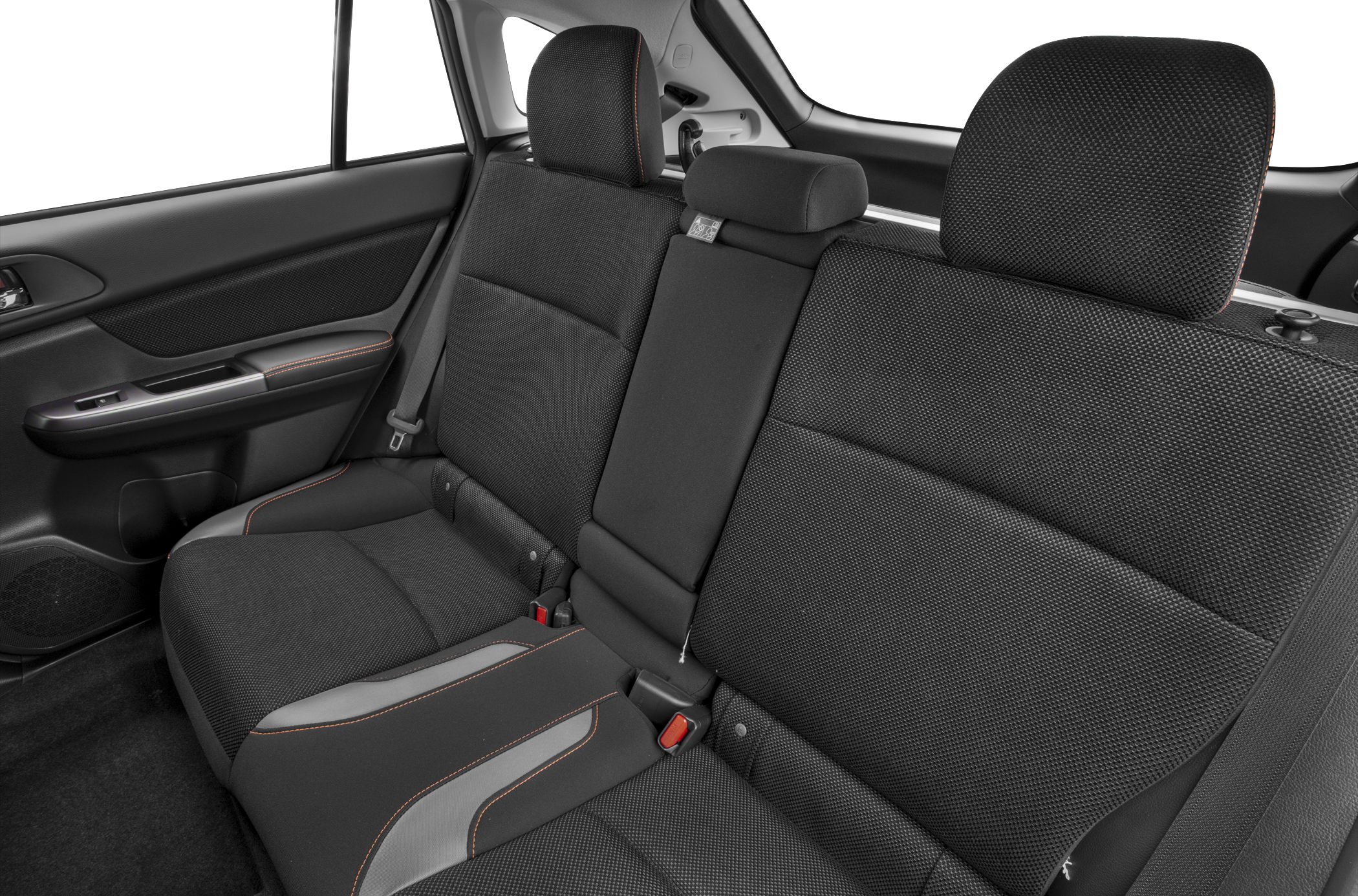 Black fabric rear seat with orange stitching and integrated headrests