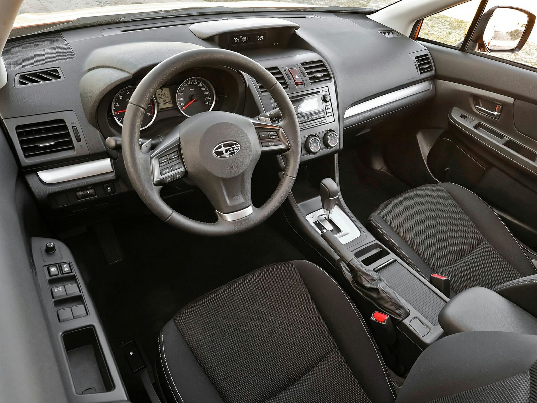 Dashboard and steering wheel with center console and seats