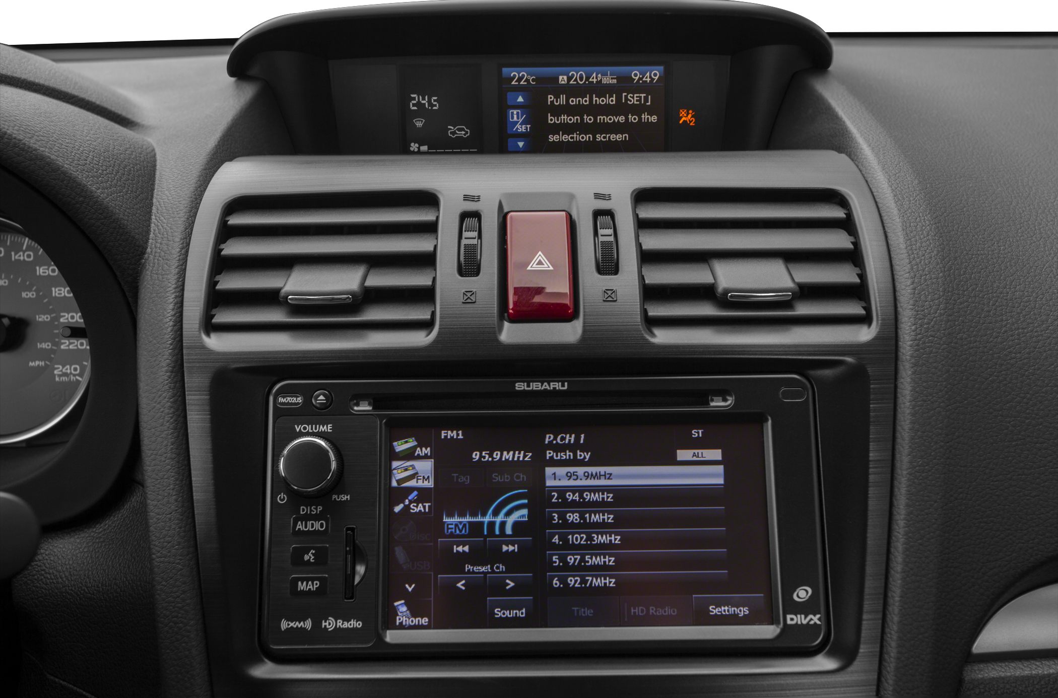 Car dashboard center console with infotainment display and air vents