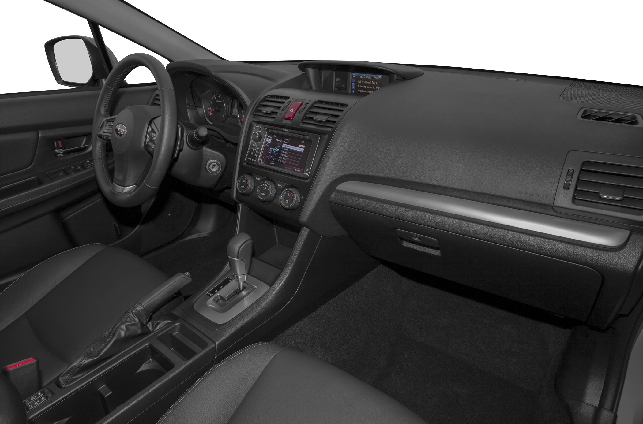 Car interior with dashboard, steering wheel, and central console.