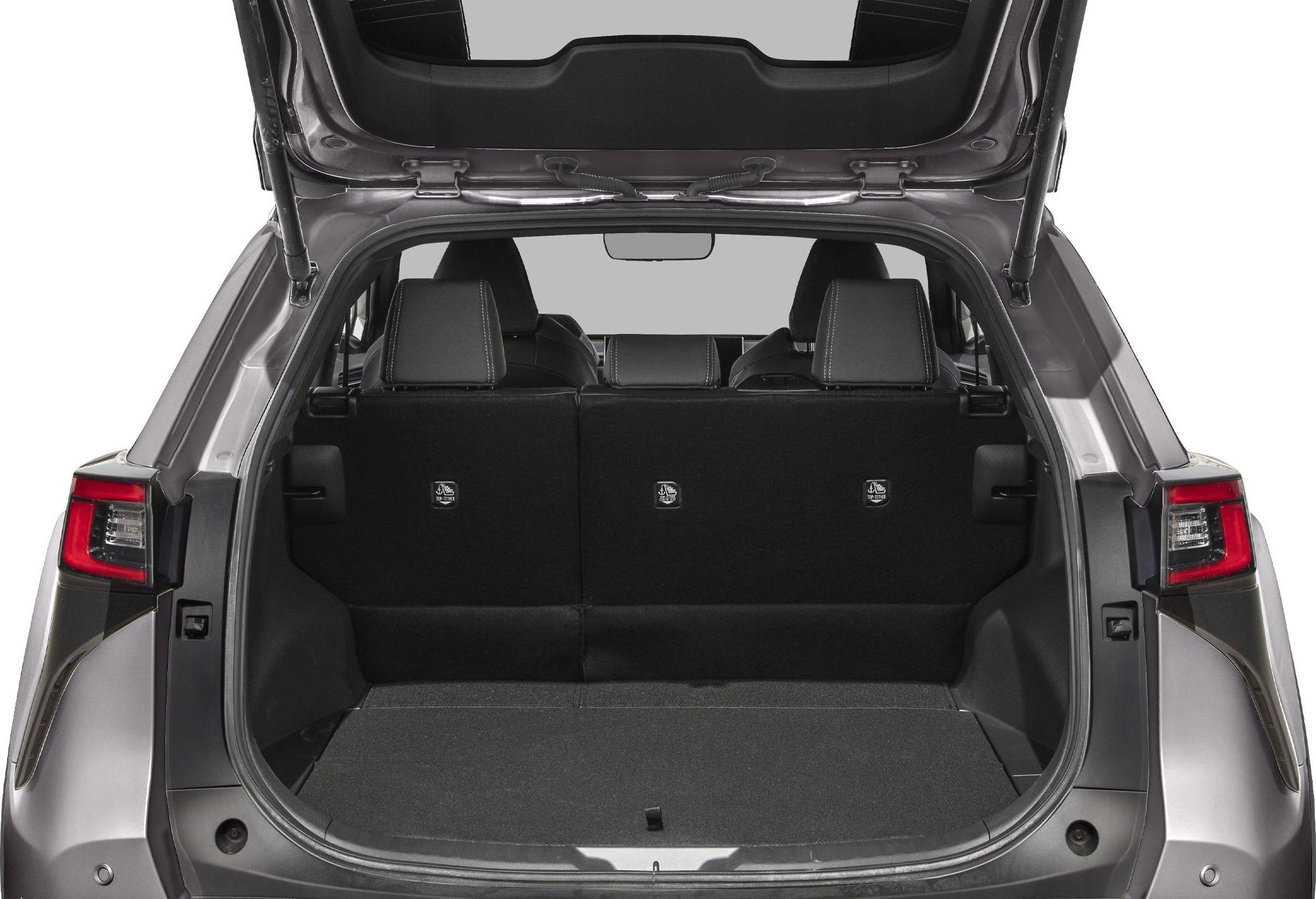 Open rear hatch showing spacious trunk and rear seats with headrests