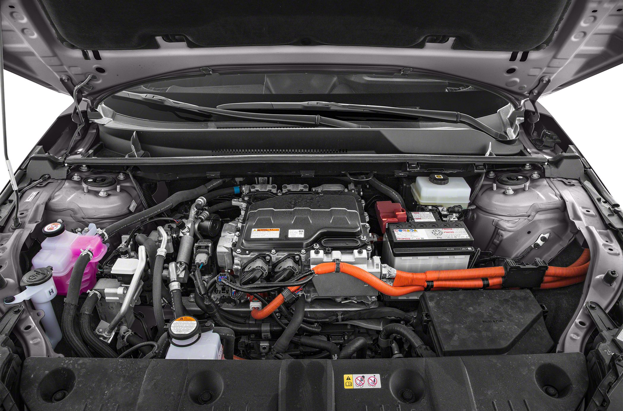 Electric motor and engine bay with orange high-voltage cables