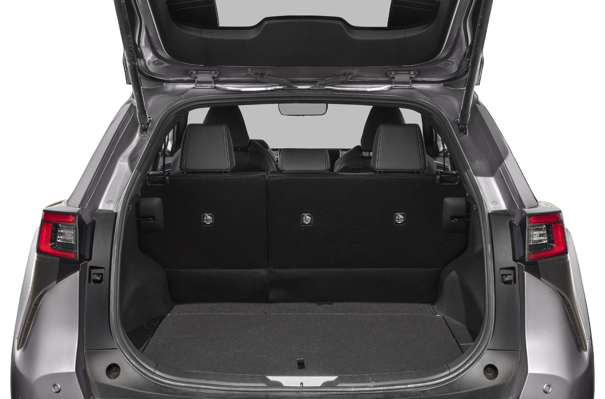 Spacious rear cargo area with open hatch and visible rear seats.