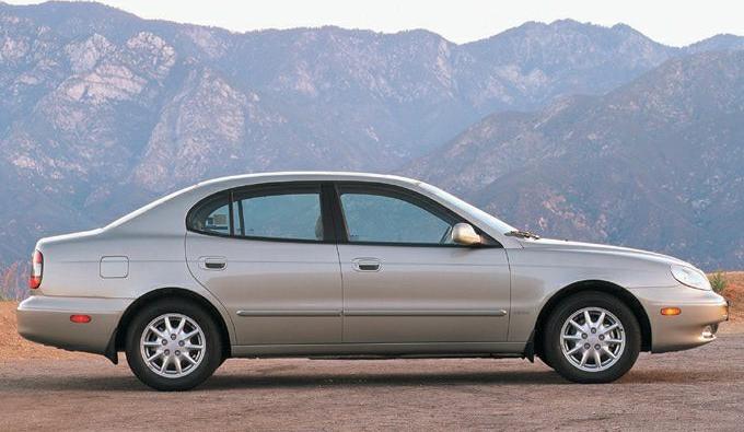 Side profile of a mid-size sedan with alloy wheels on mountainous background