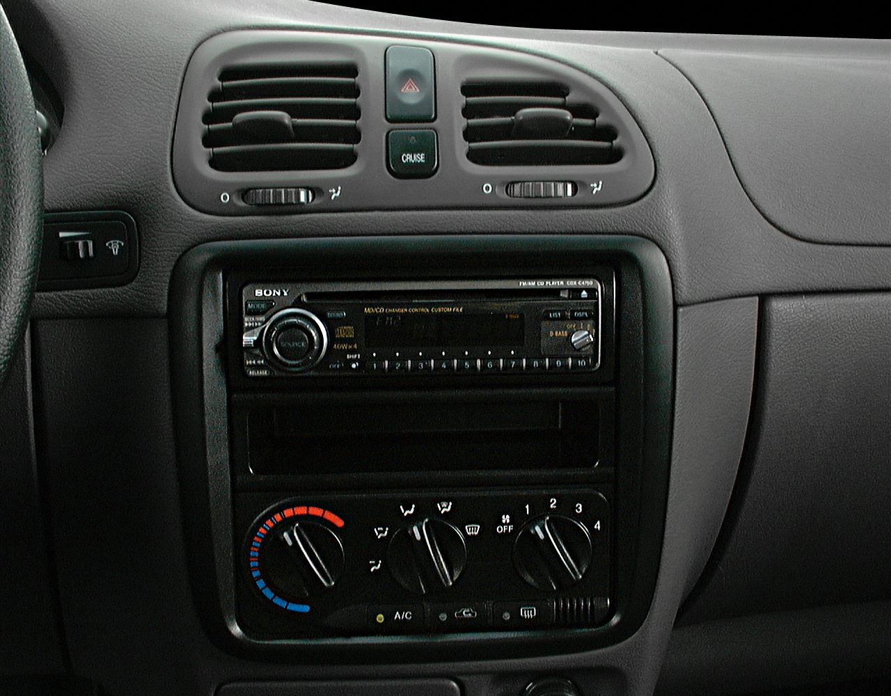 Center console with air vents, Sony car stereo, and climate control knobs