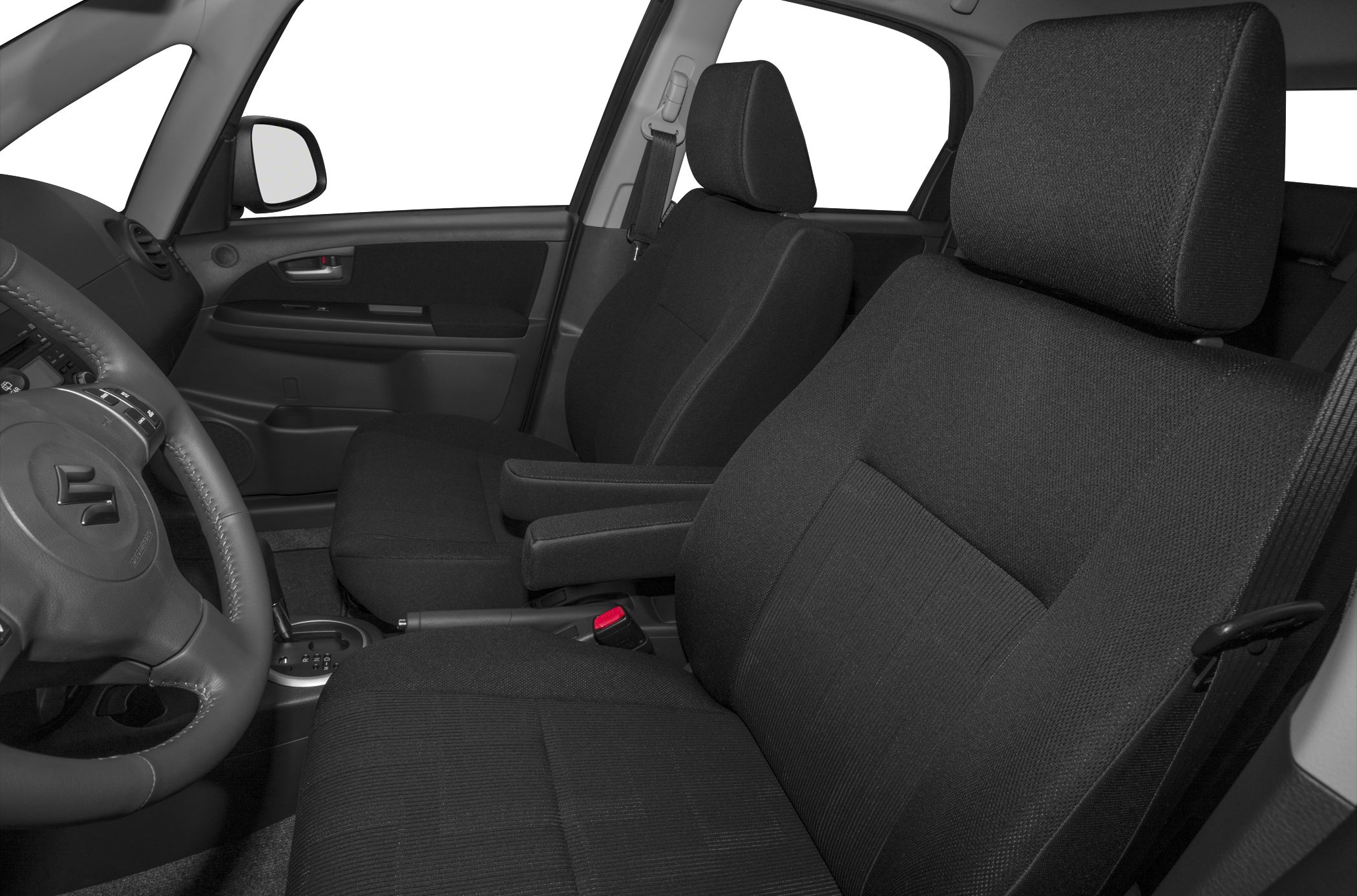 Front fabric seats with armrest and steering wheel interior detail