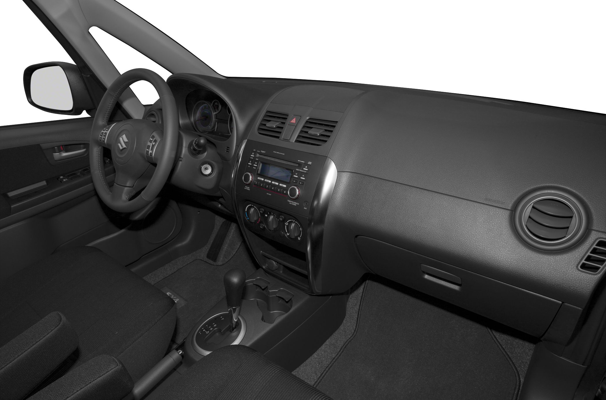 Dashboard layout, steering wheel with controls, and center console with gear shift