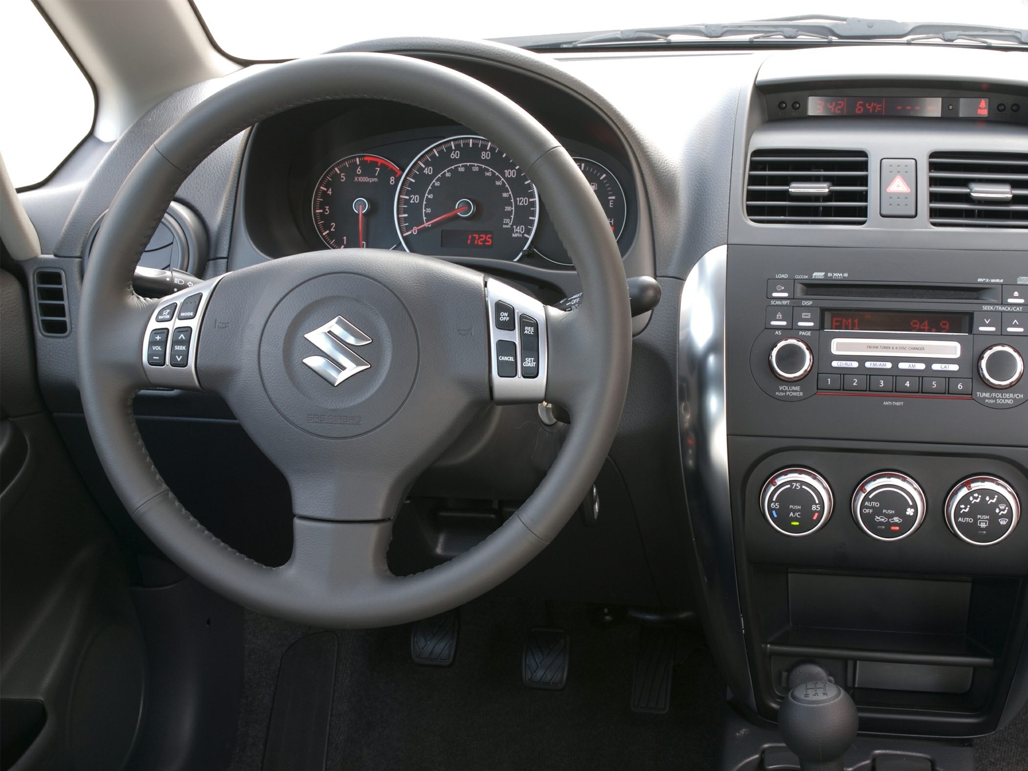Steering wheel, instrument cluster, and central dashboard controls inside car cabin